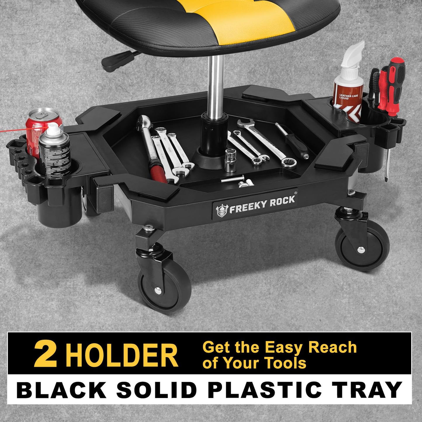 FREEKYROCK Rolling Stool with Wheels, Adjustable Height Pneumatic Garage Work Mechanic Stool Seat with Backrest, 400 LBS Capacity 360° Swivel Mechanic Crepper Chair with Tool Tray Storage, Yellow