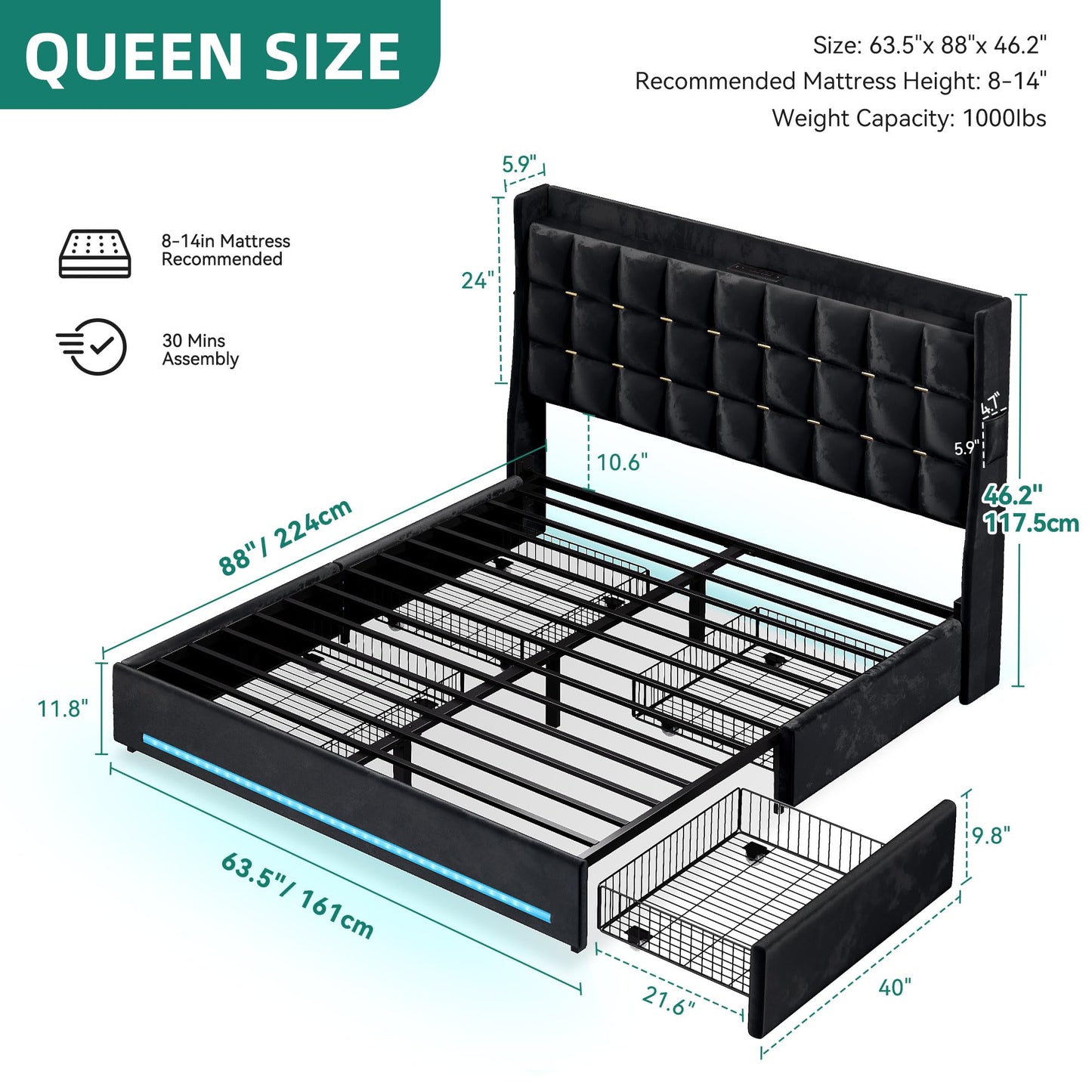 DWVO Queen Size Bed Frame with 4 Drawers and RGB LED Lights, Velvet Upholstered Platform Bed with Charging Station and Storage Headboard, No Box Spring Needed, Easy Assembly, Noise-Free, Black