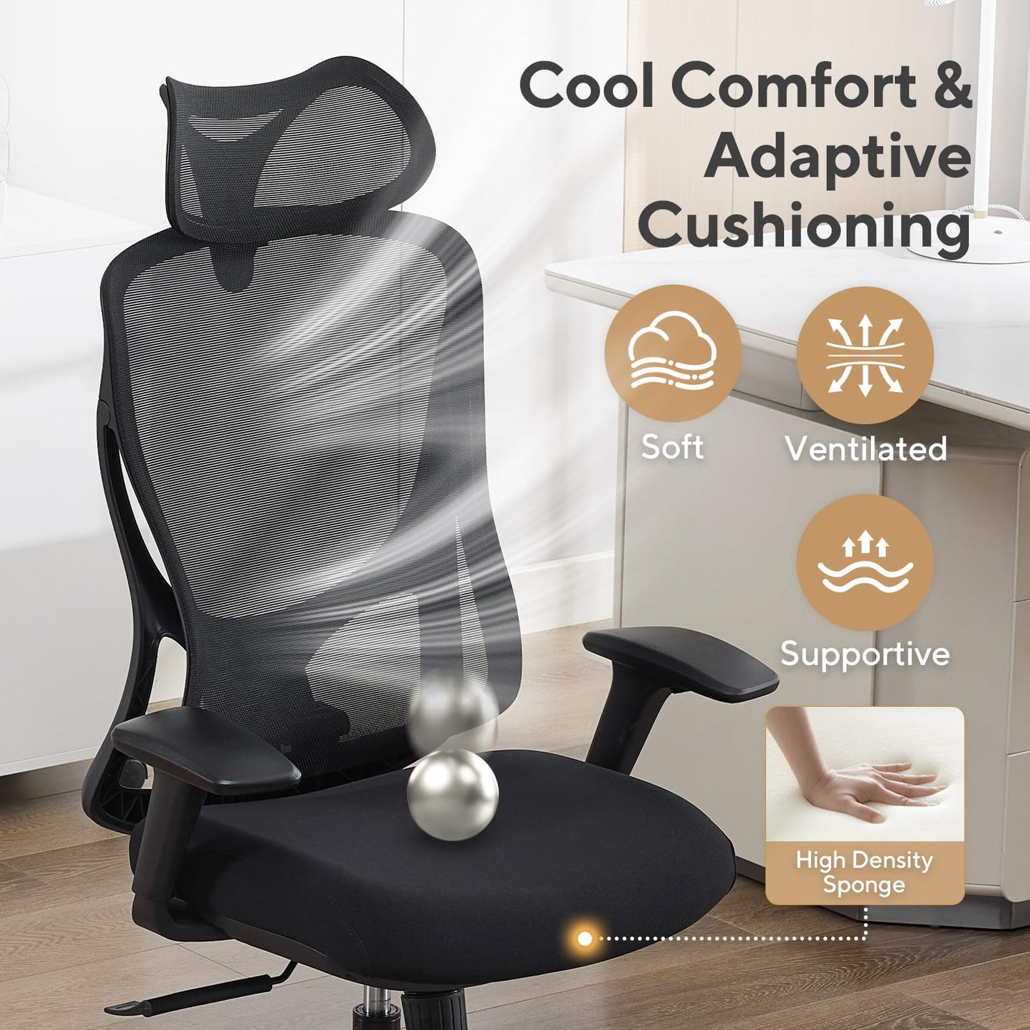 Nouhaus Apertura Ergonomic Office Chair, Home Office Desk Chairs w/Adjustable Lumbar Support & Headrest, Dynamic Back Support, 3D Armrests, High Back Mesh Comfy Computer Chair for Long Hours (Black)