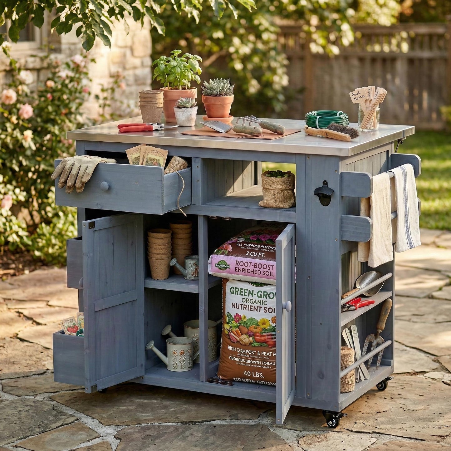 GDFStudio Winford Patio Kitchen Island Cart with Extendable Top, Wooden Outdoor Storage Cabinet with Stainless Steel BBQ Prep Table Top, Drawers, Spice Rack and Lockable Wheels, Potting Bench, Gray