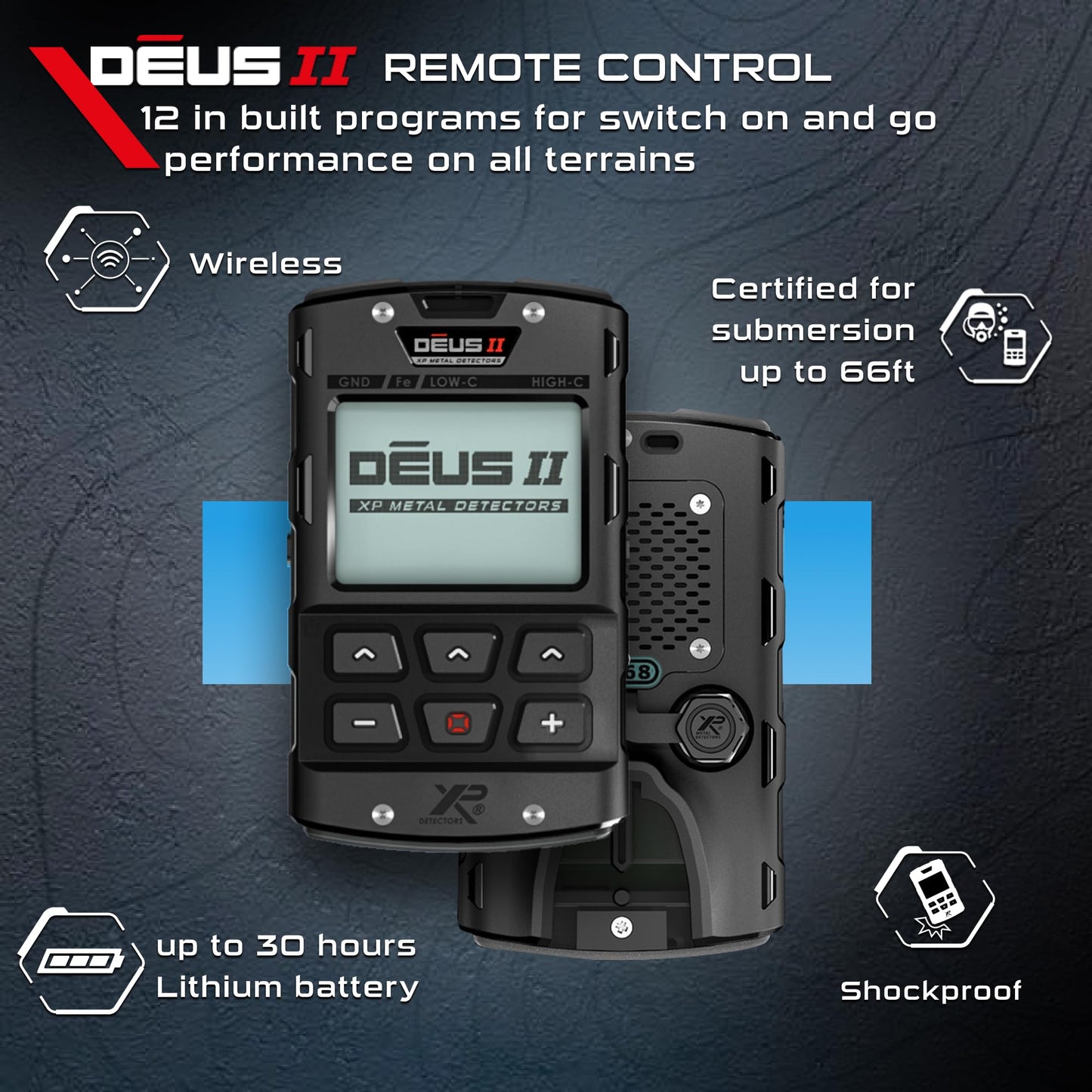 XP Deus II RC Metal Detector - 22 FMF Coil (9") - for Treasure and relic Detection - for All Terrain, XP Deus II Remote Control, S-Telescopic stem (DEUS2-22FMFRCEA)