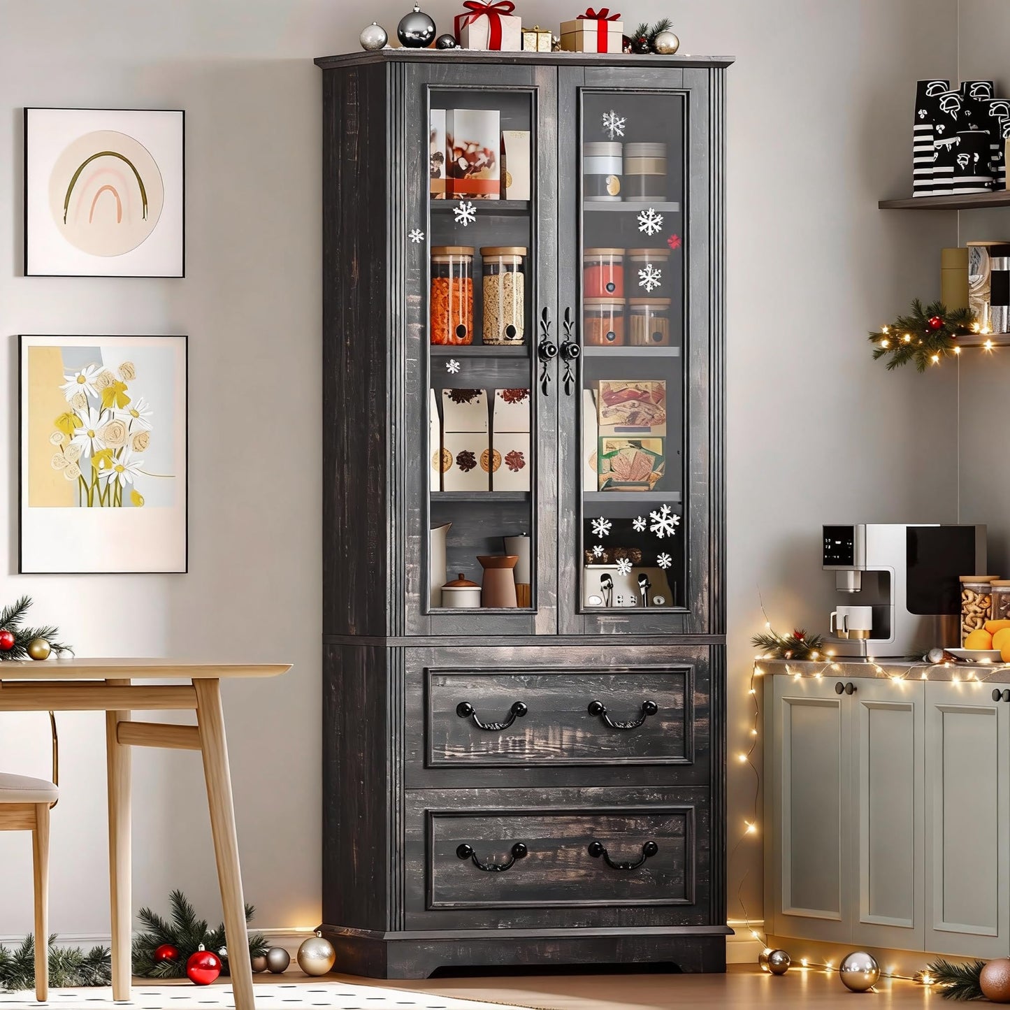 DWVO 76" Storage Cabinets, Freestanding Kitchen Pantry with Adjustable Shelves & Drawers, Farmhouse Glass Display Cabinets Tall Cupboard for Dining Room, Living Room, Dark Rustic