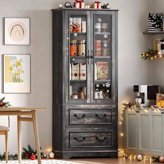 DWVO 76" Storage Cabinets, Freestanding Kitchen Pantry with Adjustable Shelves & Drawers, Farmhouse Glass Display Cabinets Tall Cupboard for Dining Room, Living Room, Dark Rustic
