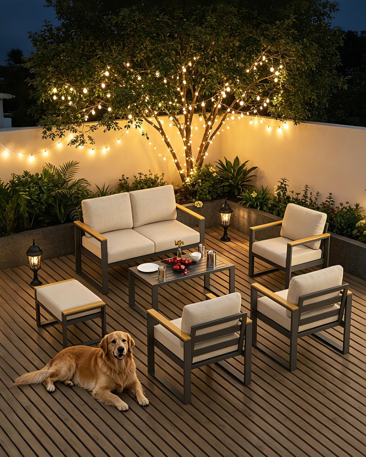 Aluminum Outdoor Patio Furniture - 1 Pcs Loveseat and Coffee Table, All-Weather Metal Modern Outside Furniture with Washable Thick Cushion for Balcony, Garden, Deck, Backyard, Beige