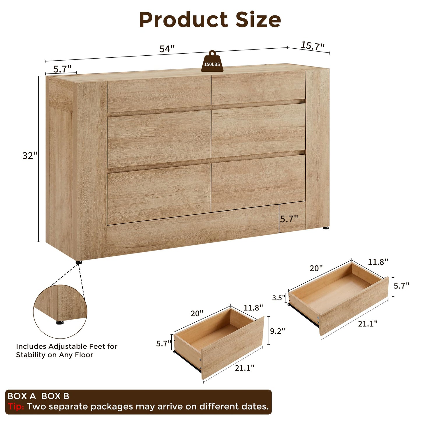 OKD 6 Drawer Dresser for Bedroom, 54" Wide Chest of Drawers with Thick Wood Design, Handleless, Modern Bedroom Dresser, Storage Organizer for Living Room/Entryway/Hallway, Natural Oak