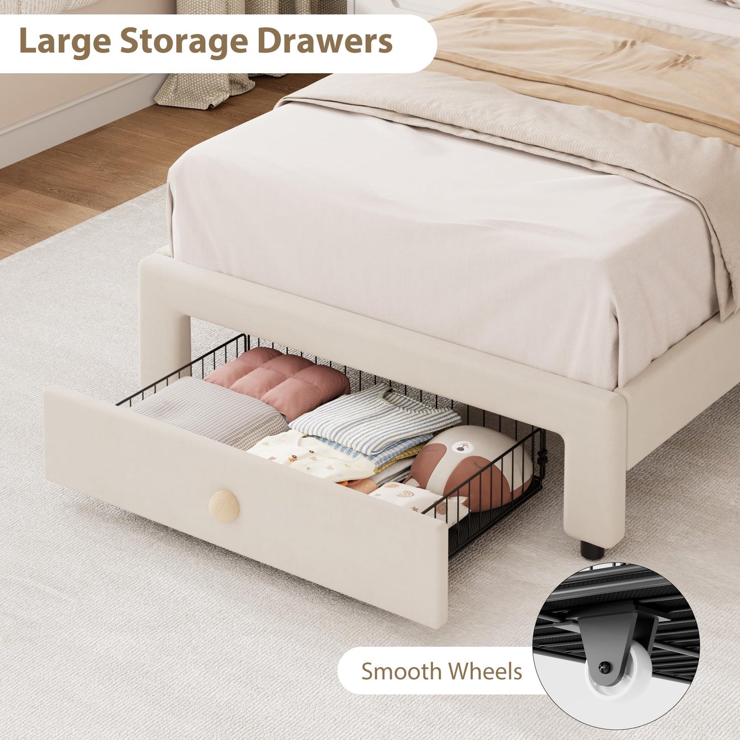 GarveeHome Twin Size Bed Frame with Storage Drawer, Velvet Upholstered Platform Bed Frame with Headboard & LED Light, No Box Spring Needed, Fits 8-10 in Mattress