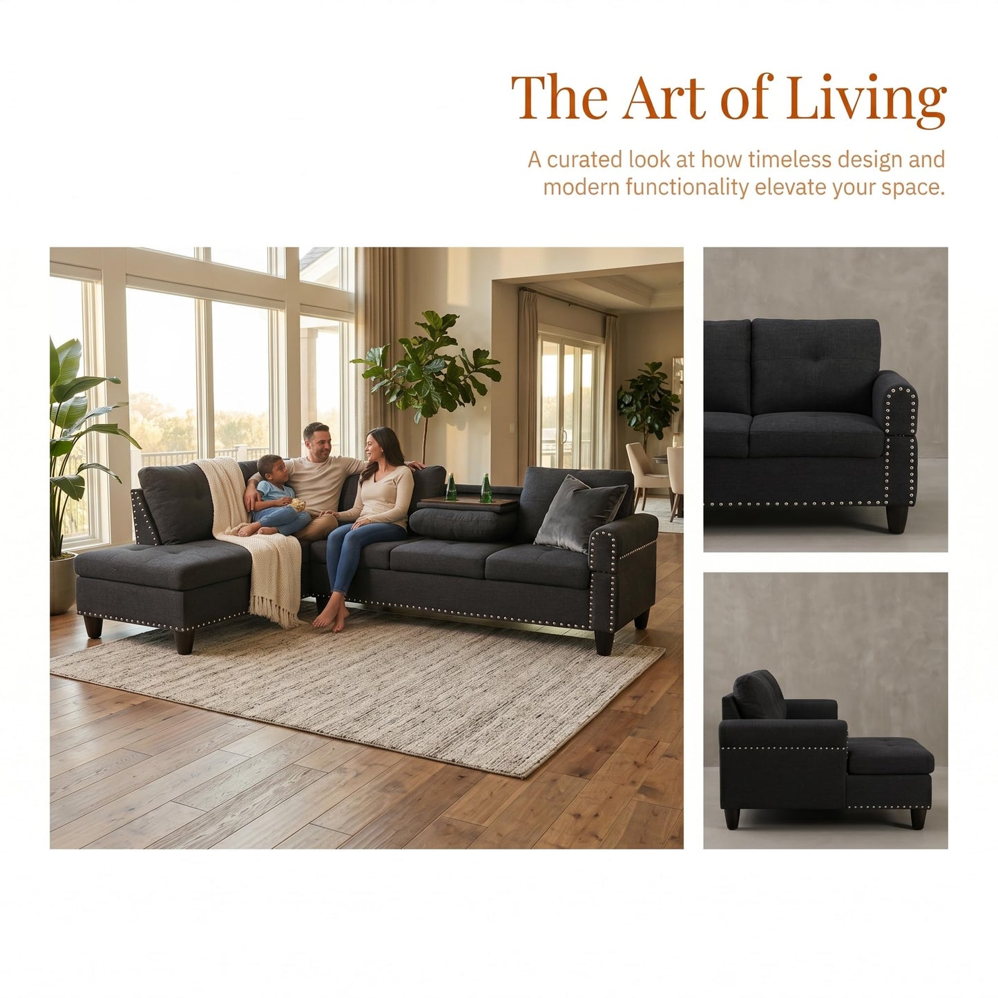 Trygoal L-Shaped Sectional Sofa, Modern 4-Seat Couch with Built-in Cup Holders, Upholstered Fabric Sectional Couch with Right Facing Chaise for Living Room, Apartment, Office, Black Gray
