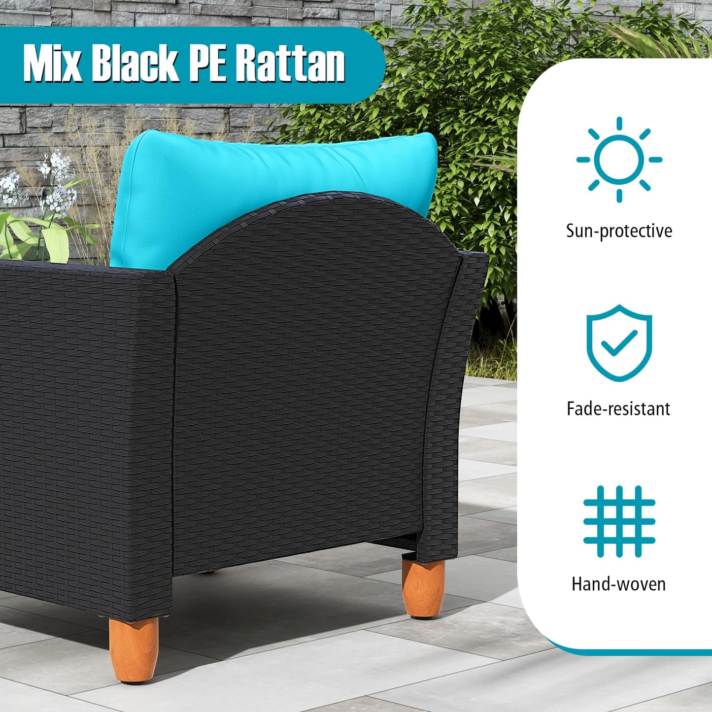 Tangkula 3 Pieces Patio Porch Furniture Set, PE Rattan Wicker Chair Conversation Set with Cushions and Storage Table, Outdoor Acacia Wood Bistro Set for Garden, Poolside (Turquoise)