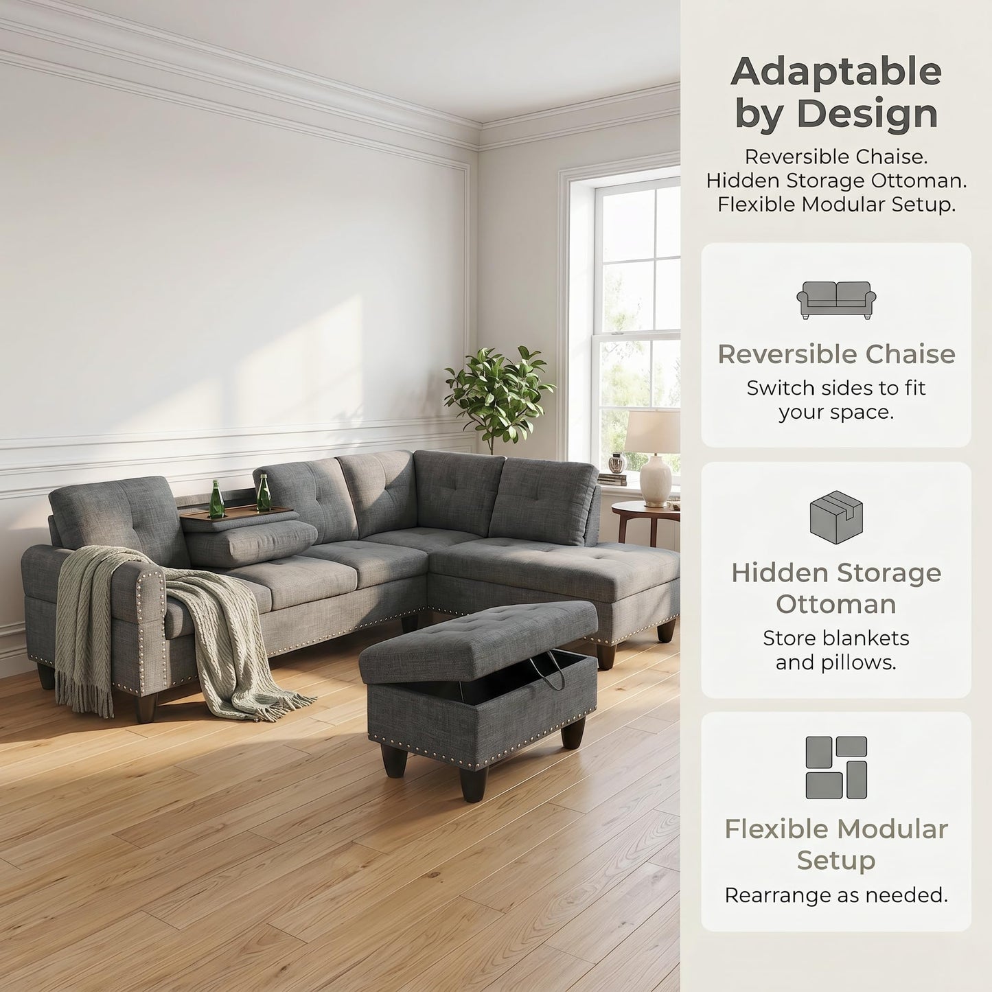 Trygoal 97.5" Linen L Shaped Couch with Right Chaise & Cup Holder, Sectional Sofas Modular Furniture Set with Storage Ottoman, Convertible Couches for Living Room, Small Space & Office (Grey)