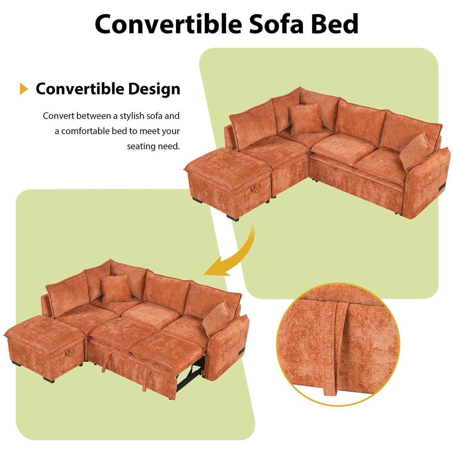 ERYE 82.5-Inch Left Facing Corner Sleeper Sectional Sofa Bed for Living Room Office,L-Shaped Chenille Upholstered Convertible Pull Out Sleeper Couch Bed W/Storage Ottoman