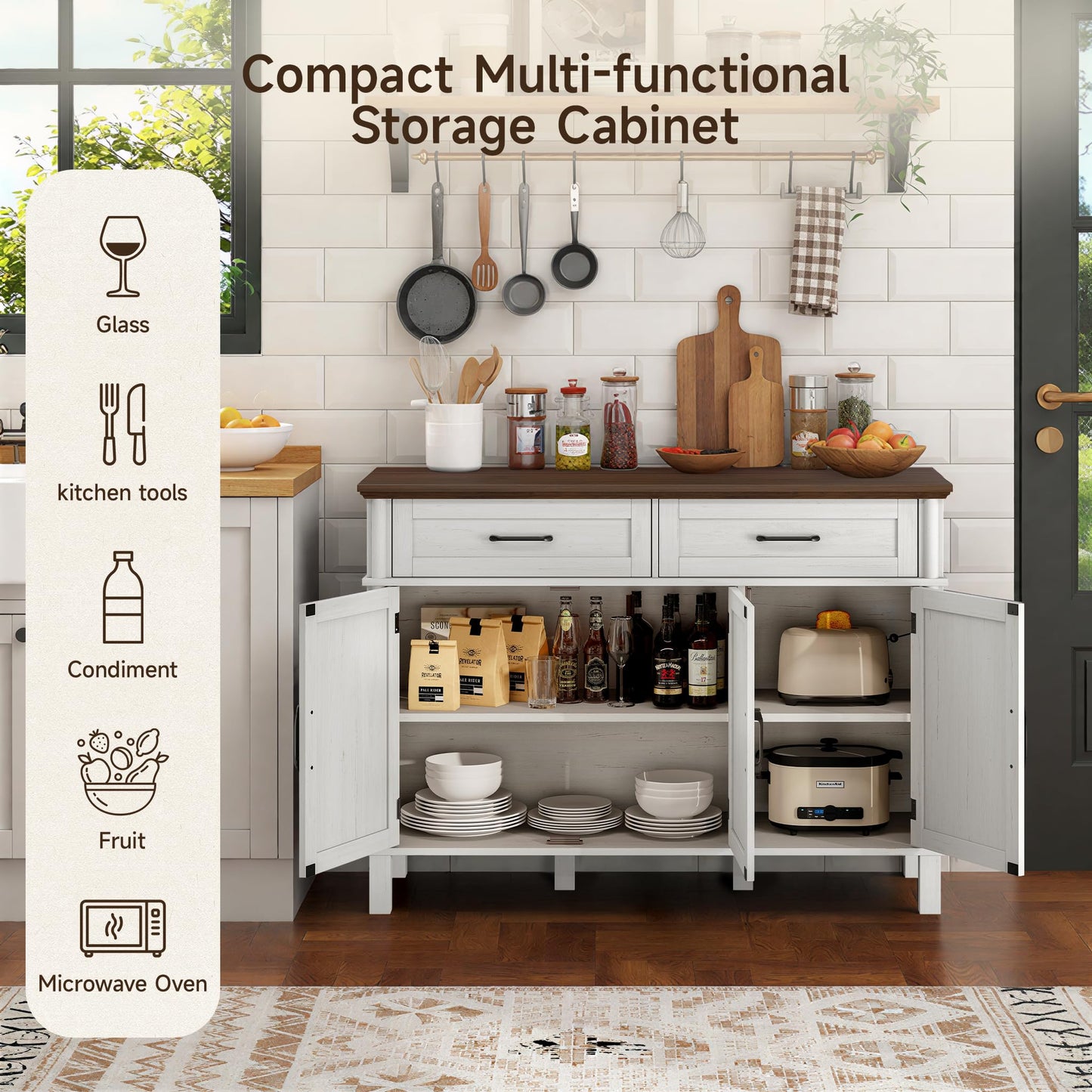 55 Inches Sideboard Buffet Cabinet with Storage, Farmhouse Sideboard Buffet w/2 Drawers and 3 Doors, Wood Kitchen Console Table with Adjustable Shelf, for Living Room, Hallway, Off White