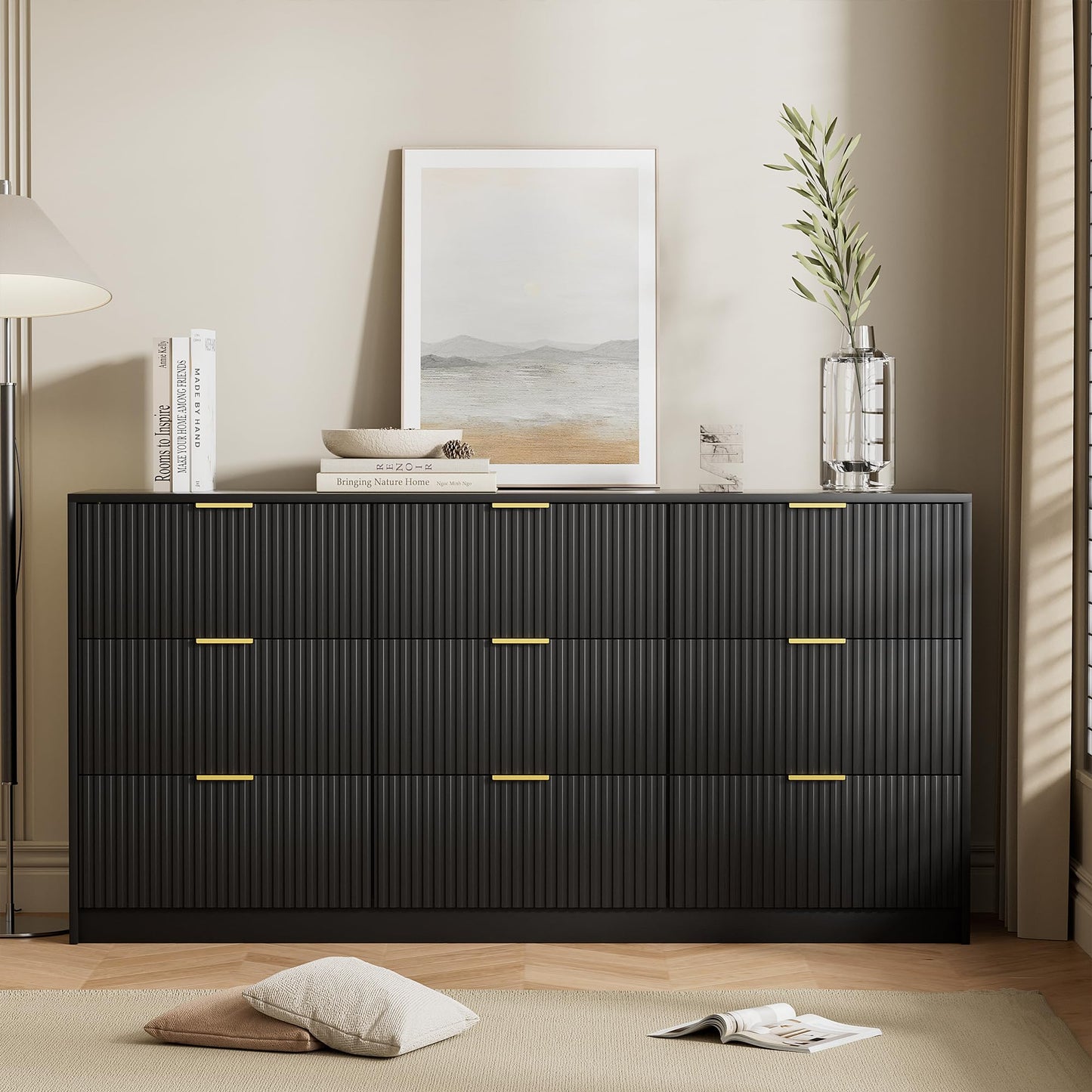 Furniway Black Dresser for Bedroom, Modern Dresser with 9 Drawers and Smooth Slides, Wide Chest of Drawers with Golden Handles for Bedroom, Living Room, Closet, 15.7" D x 63" W x 31.5" H