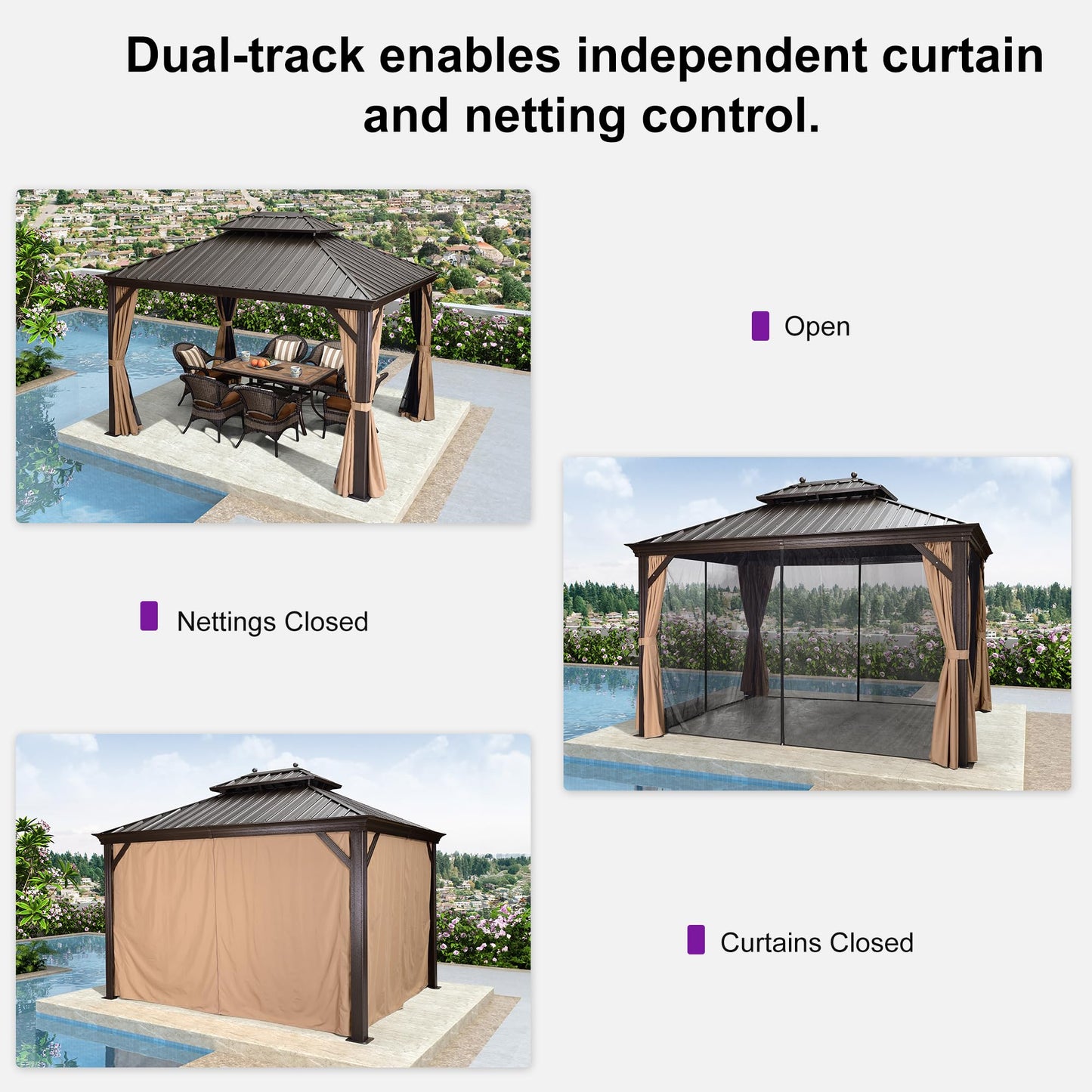 PURPLE LEAF 10' X 12' Hardtop Gazebo Canopy for Patio Deck Backyard Heavy Duty Outside Sunshade with Netting and Curtains Outdoor Permanent Metal Pavilion