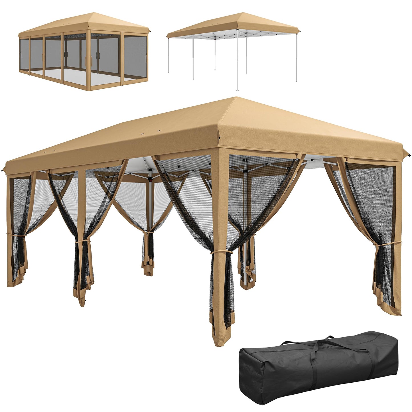 Outsunny 10' x 20' Pop Up Canopy Tent with Netting, Heavy Duty Instant Sun Shelter, Large Tents for Parties with Carry Bag for Outdoor, Garden, Patio, Beige
