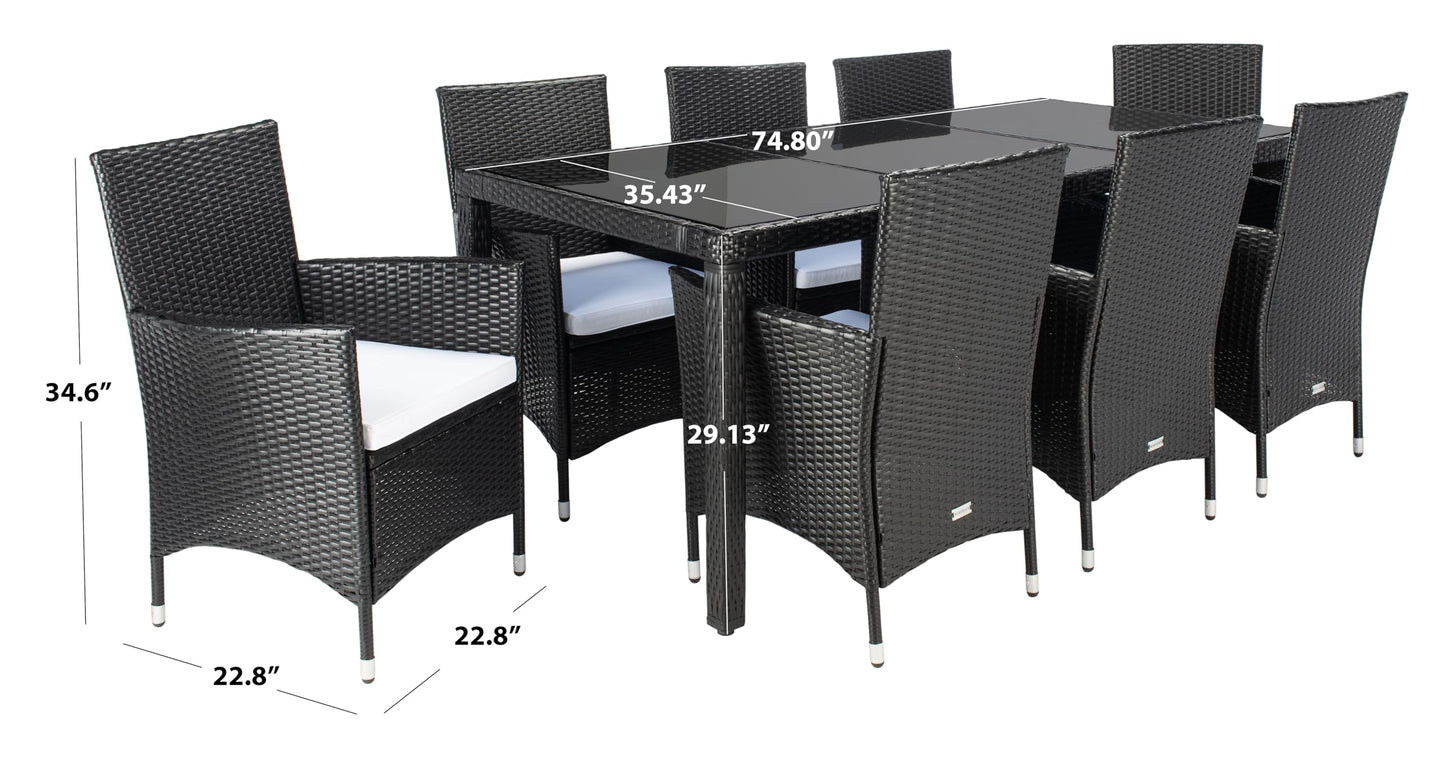 SAFAVIEH Outdoor - Hailee 9-Piece Dining Set - Black & White Faux Wicker & Steel Frame - Eight Chairs and Glass-Top Table - Ideal for Patio, Deck, Porch, Backyard (PAT7704A)