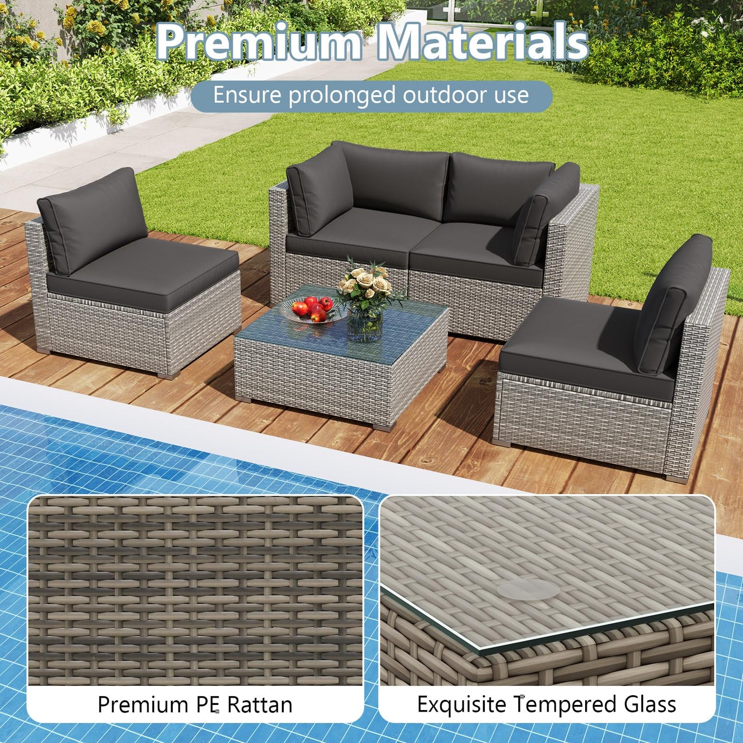 Tangkula 5-Piece Outdoor Patio Sectional Sofa Couch, PE Rattan Conversation Set w/Glass Coffee Table & Cushions, Outdoor Furniture Set w/Sturdy Metal Frame for Garden Poolside Backyard