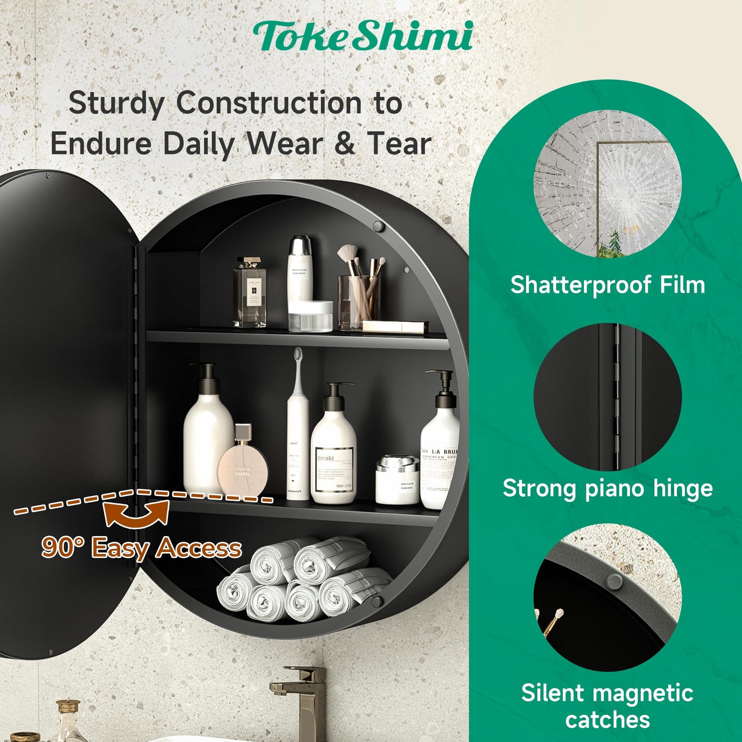 TokeShimi 24 x 24 Round Medicine Cabinet with Mirror, Black Medicine Cabinet, Circle Bathroom Mirror with Storage, Shatterproof with Metal Frame, Detachable Shelves, Wall Mounted Only