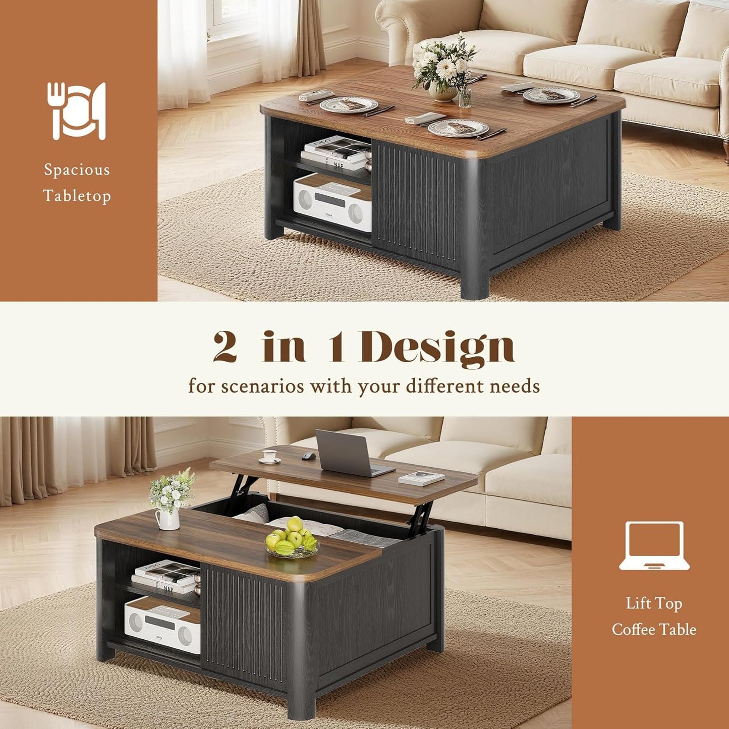 Decofy Lift Top Coffee Table with Storage Mid Century Modern Square Coffee Tables for Living Room, Large Hidden Storage Compartment, Adjustable Shelves & Sliding Door
