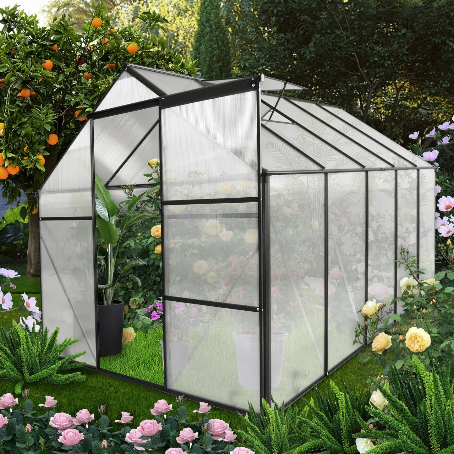 6x10 FT Polycarbonate Greenhouse, Heavy Duty Walk-in Garden Plants Green House, Adjustable Roof, Raised Base and Sliding Door for Outdoor Backyard, Black