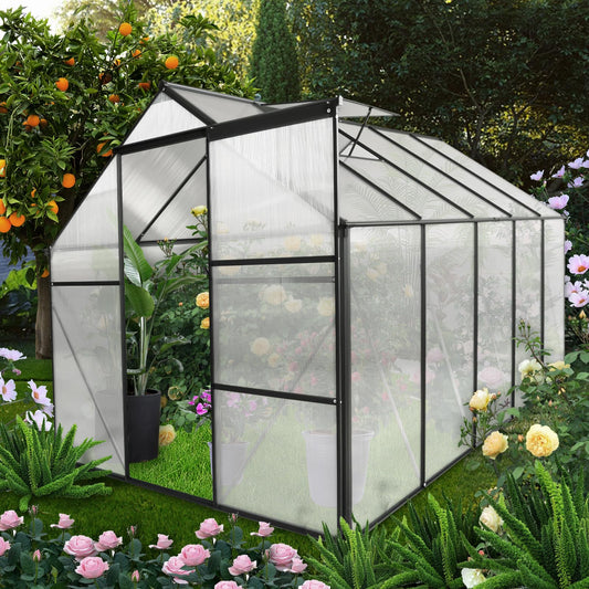 6x10 FT Polycarbonate Greenhouse, Heavy Duty Walk-in Garden Plants Green House, Adjustable Roof, Raised Base and Sliding Door for Outdoor Backyard, Black