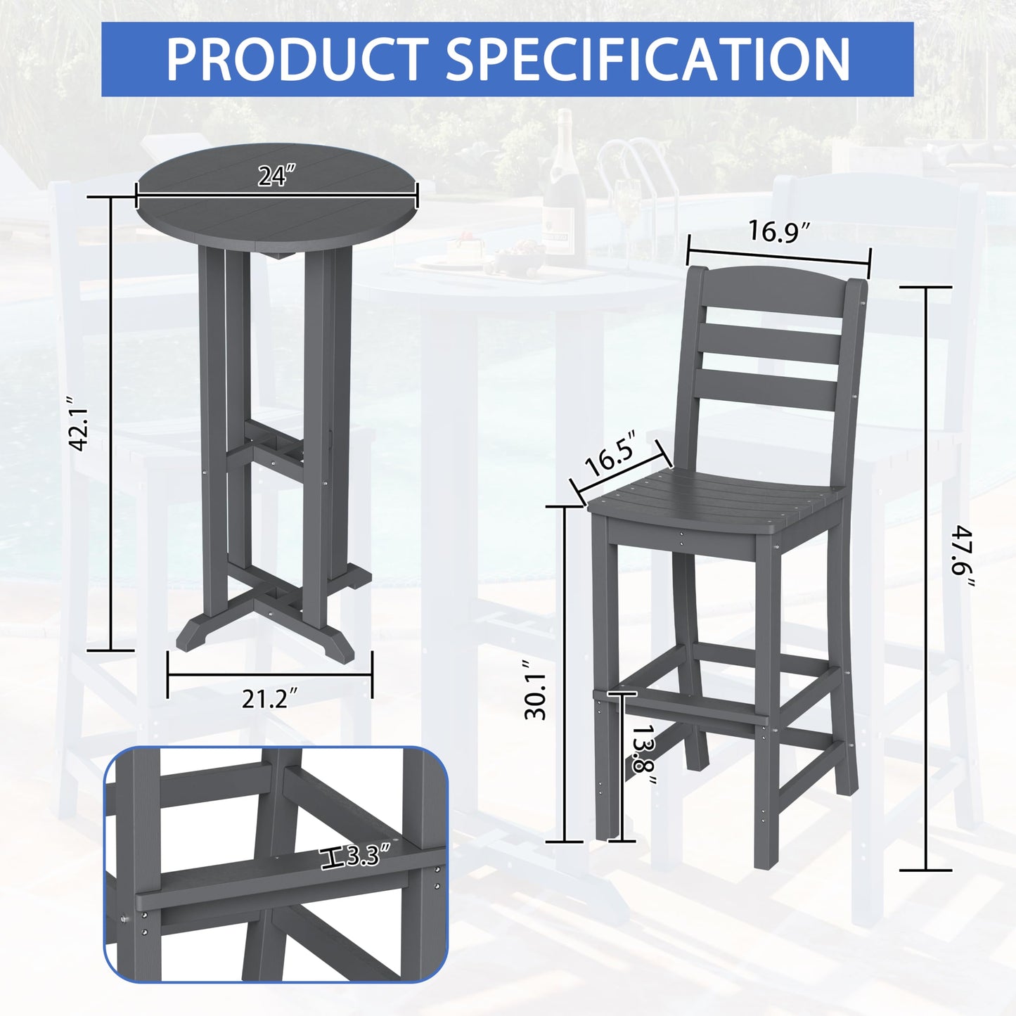 Shintenchi 3 Pieces Outdoor High Top Bar Set, 1 Patio High Top Round Table and 2 Bar Height Tall Adirondack Chair, All-Weather Outdoor Bistro Bar Set for Balcony Pool Deck, Dark Grey