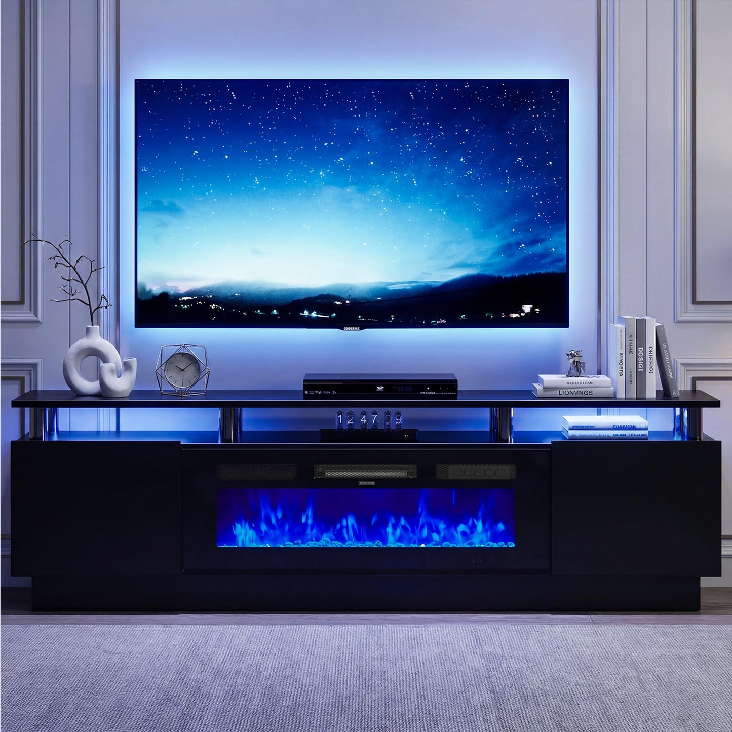 OneBlis 80" Fireplace TV Stand for TVs UP to 90", Electric Fireplace Entertainment Center with LED Lights & Storage Cabinets, TV Console for Living Room, Office, Black-Black