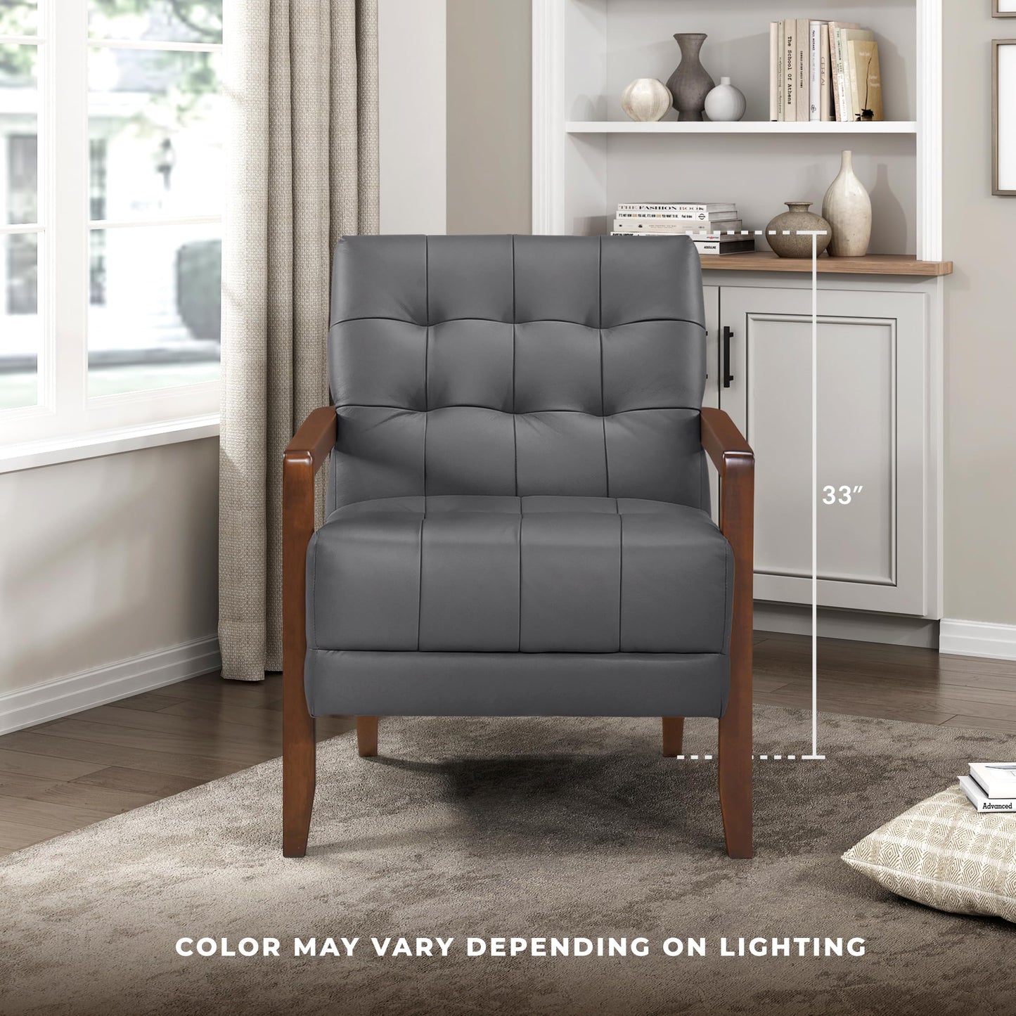 Lexicon Modern Accent Chair, Luxury Genuine Leather Match Living Room Chair with Tufted Cushions, Solid Wood Frame and Arm Rest, Comfy Upholstered Single Seat for Bedroom/Reading/Office, Dark Gray