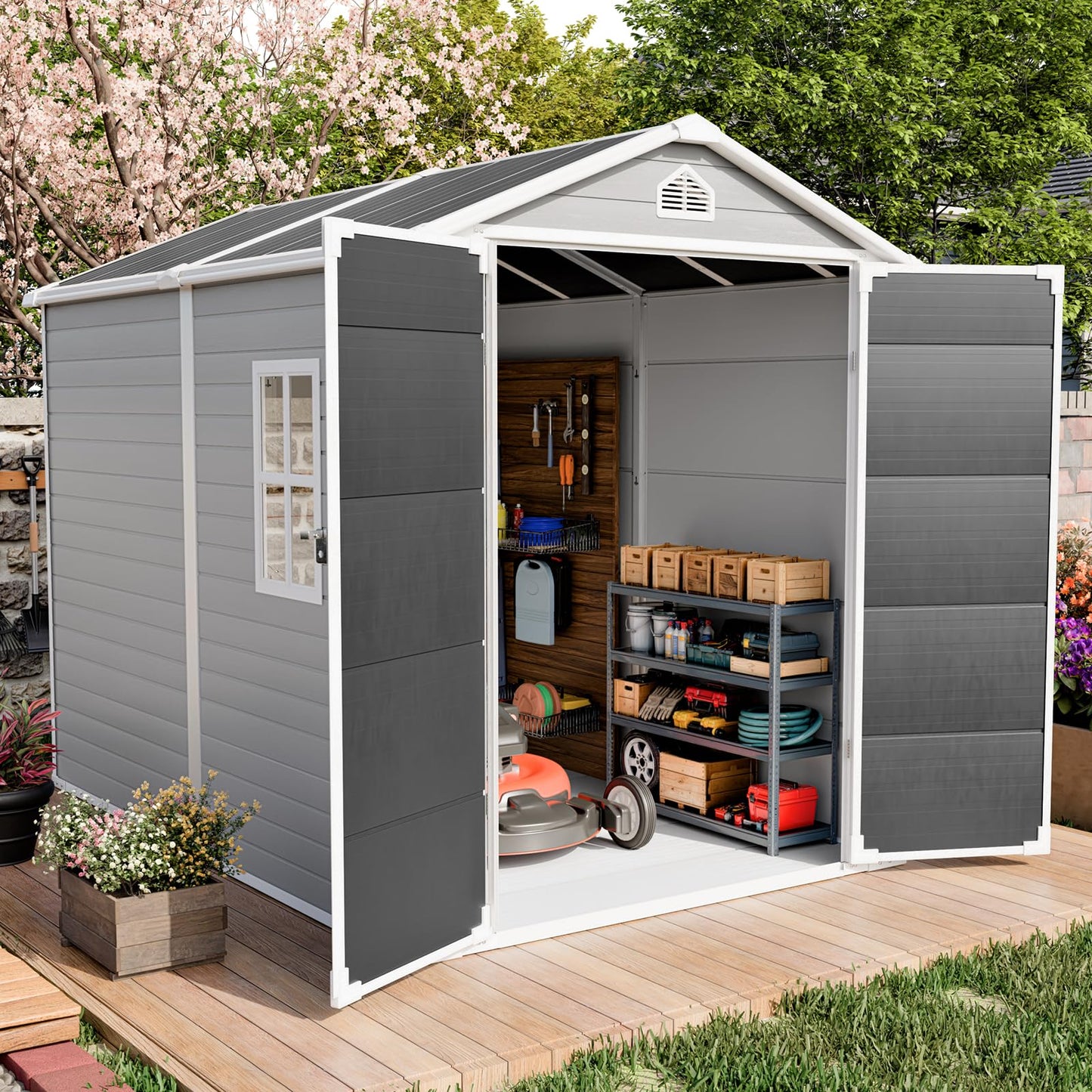 SENYUN 8x6 FT Resin Storage Shed with Floor Included, Garden Outdoor Shed with Lockable Doors and Window, Double-Wall Polypropylene Plastic Shed for Backyard, Patio, Lawn, Bike, Tools, Grey