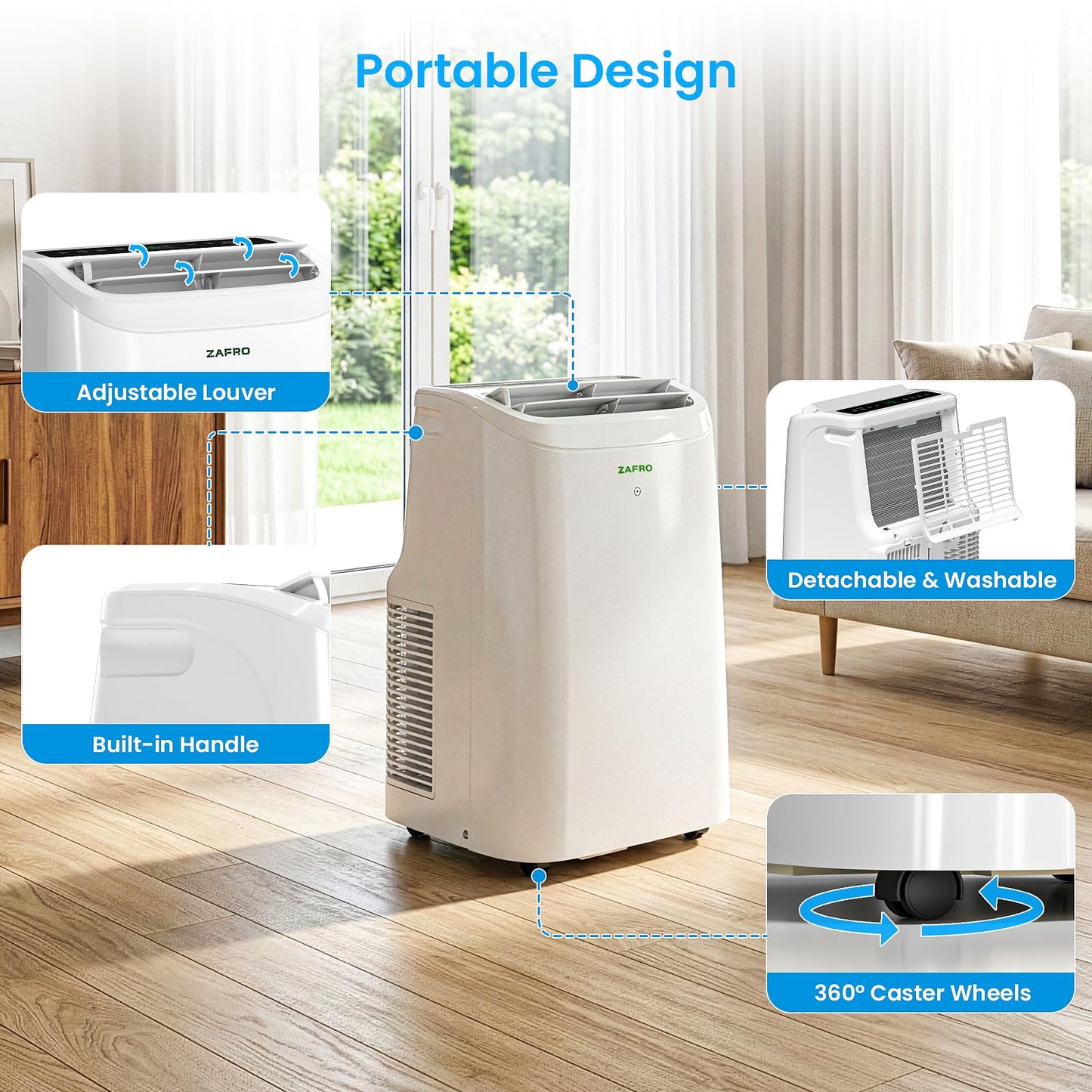 ZAFRO Portable Air Conditioners, 12000 BTU (8000 BTU SACC), Portable AC with Drainage-free Cooling, Fan & Dehumidifier, Smart AC Unit with APP/Remote, 47dB Quiet, 24H Timer for Living Room, Bedroom