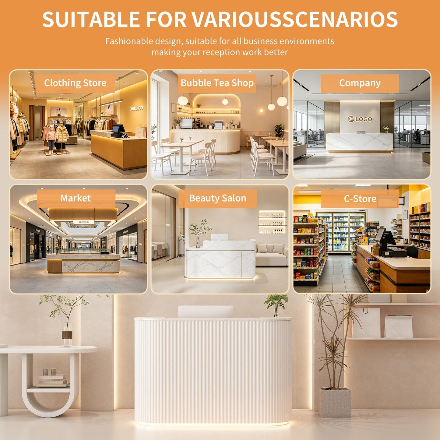 Modern Reception Desk with Counter - Curved Front Checkout Page with Led Lighting, Lockable Drawers, Hidden Cable Management and Wood Construction, Salon Reception Desk for Beauty Salons