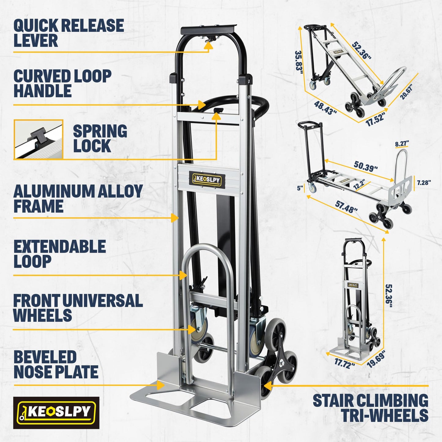 Keoslpy Upgrade 3 in 1 Industrial Convertible Aluminum Hand Truck Dolly Cart, 1000 LBS Capacity, Heavy Duty Stair Climbing Utility Trolley Platform Cart with Wheels for Transport & Moving