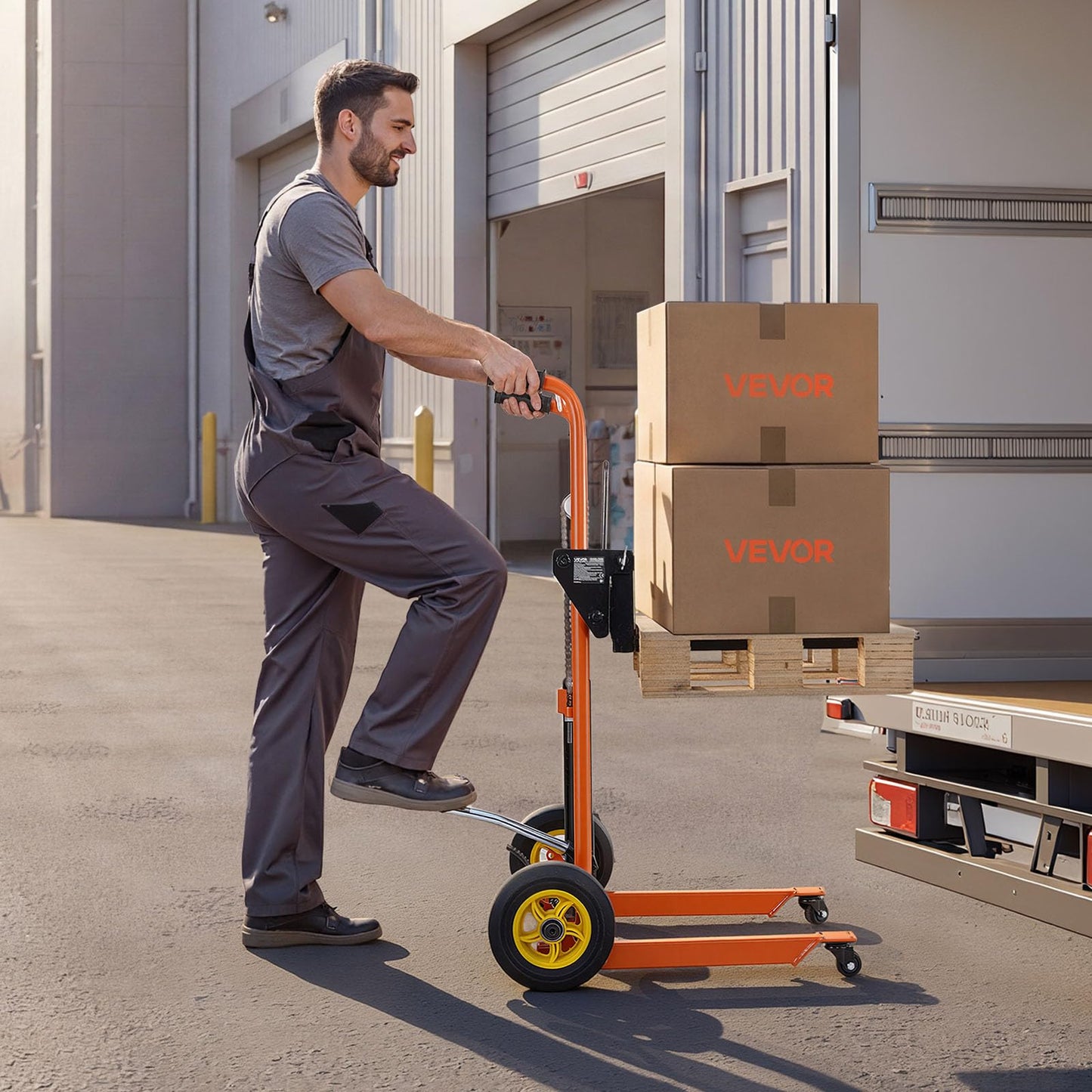 VEVOR Hydraulic Material Lift Winch Stacker, 450 lbs Load Capacity, 39.4'' Max Lifting Height, Pallet Truck Dolly with Fork Lift Table, Foldable & Portable Pallet Jack Table Cart, Orange & Black