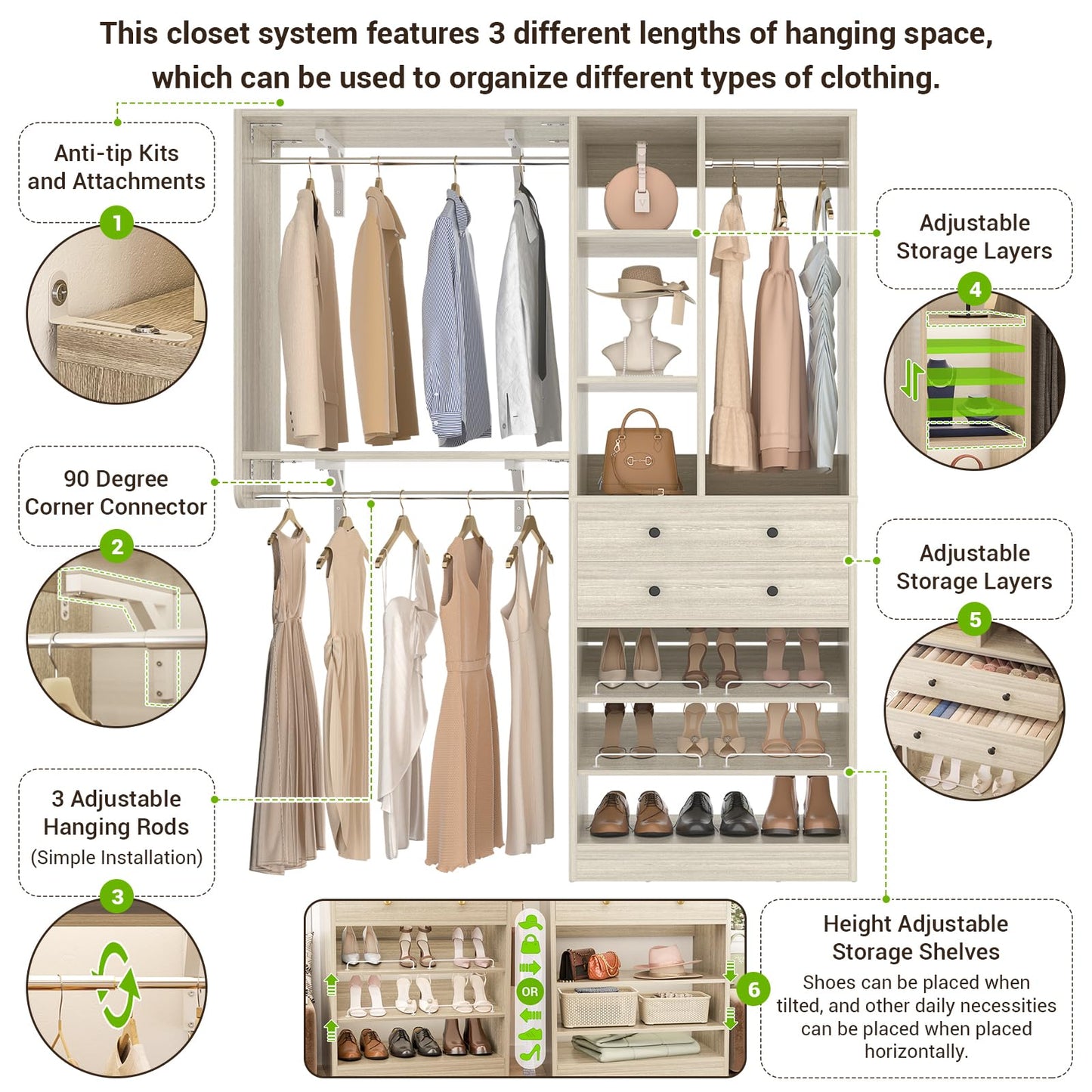 Besiost Closet System - 60"/92" Closet System with Drawers, 5FT/7.67FT Closet Organizer System with Reversible Hanging Shelving and Hanging Rods, for Small/Walk-in Closets, Greige Oak