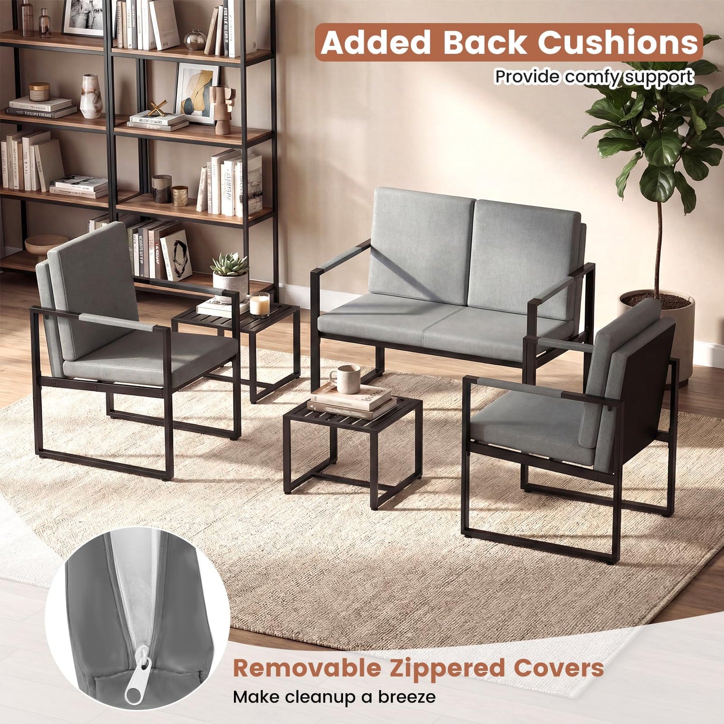 Giantex Modern Loveseat Sofa, 2-Seater Sofa with Solid Metal Frame & Removable Back Cushions, Spacious Seat & Supportive Armrests, Indoor Couch for Living Room, Bedroom, Office (Gray)