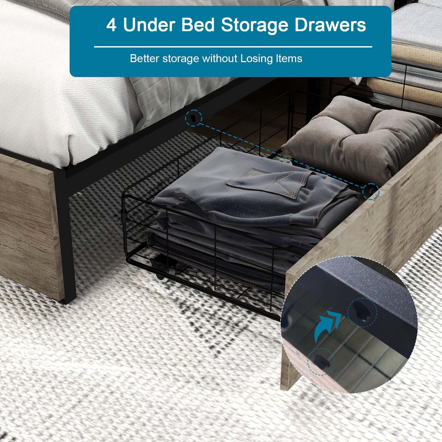 Kiivakii Queen Size Bed Frame with 4 Storage Drawers, LED Platform Bed with Headboard, Built in Charging Station, Noise-Free, Metal Support Base, No Box Spring Needed, Gray