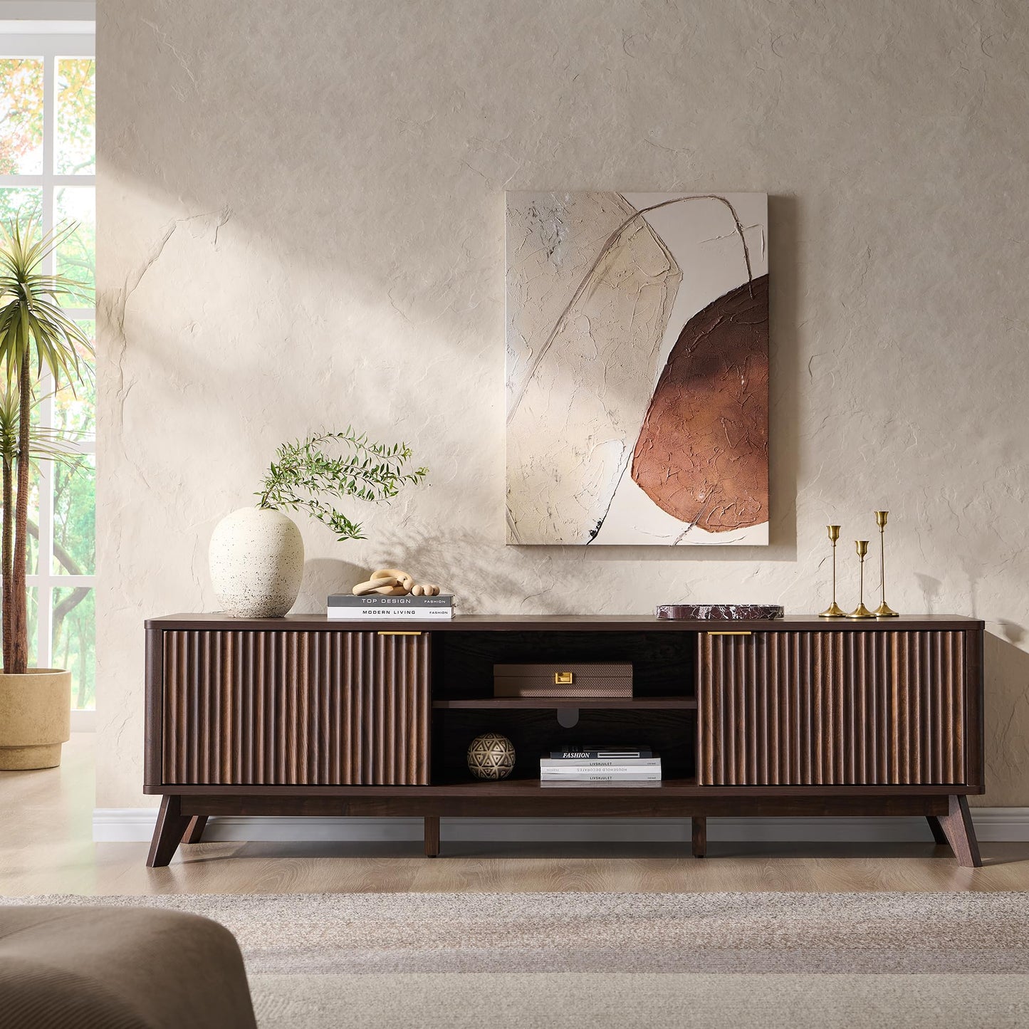 OKD 70" Mid Century Modern Fluted TV Stand, Entertainment Center, Sideboard, Media Console for Living Room with 2 Soft Close Door/Adjustable Shelves (Dark Walnut)
