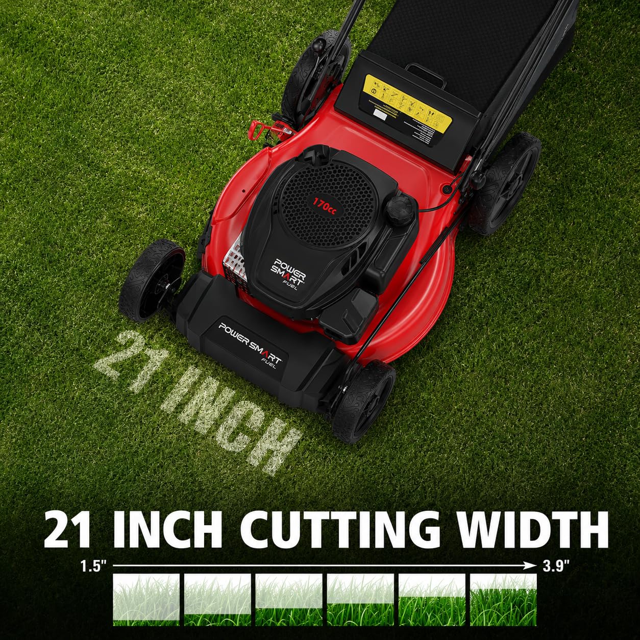 PowerSmart 21-Inch Gas Self-Propelled Lawn Mower, 170cc OHV Engine, Reinforced Steel Deck, 3-in-1 Bagging/Mulching/Rear Discharge, 6 Cutting Heights (1.5"–3.9"), 10" Rear Wheels, Foldable Handle