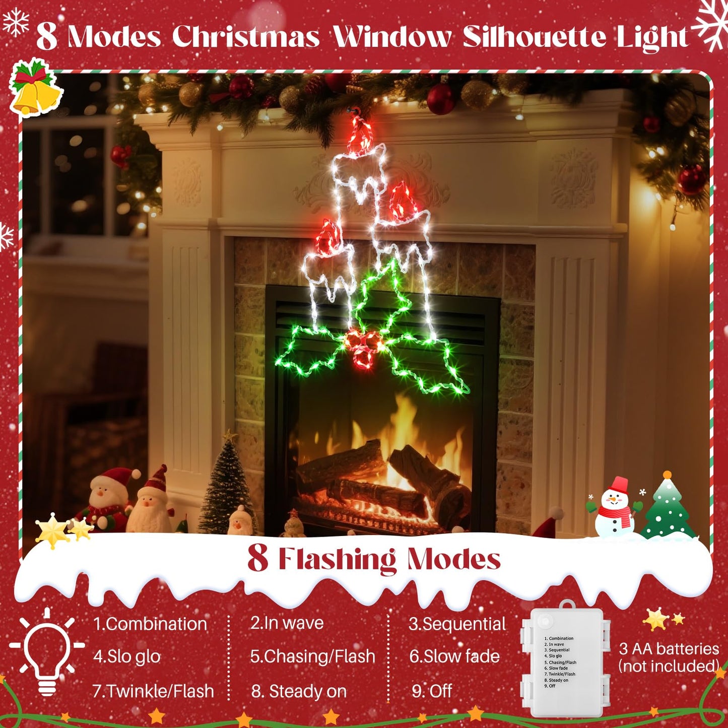 Enhon Christmas Window Silhouette Light, Battery Operated, 8 Modes, Timer, 15.8in, White/Red/Green, Model SO-Enhon-2398