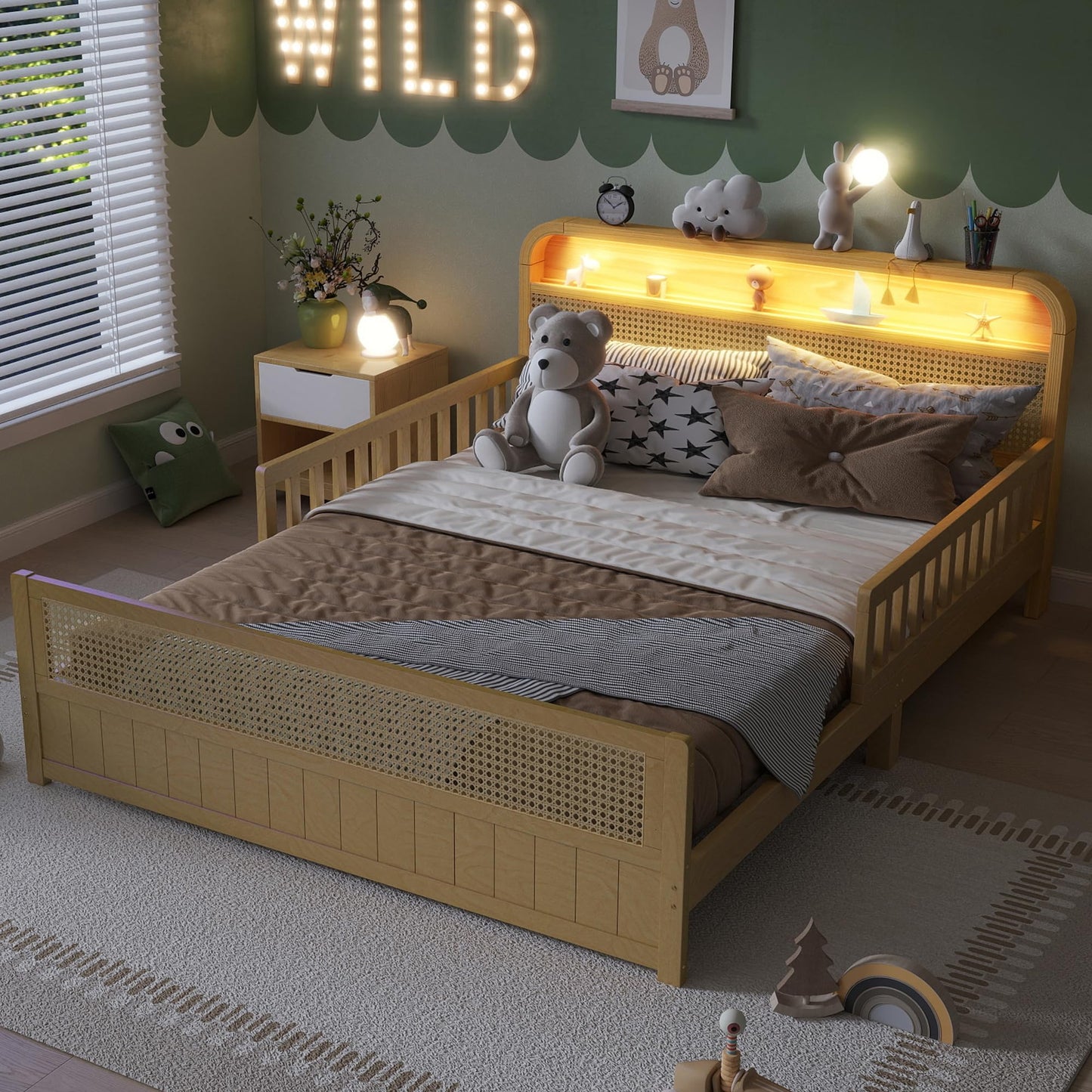 KEIKI Full Size Pine Wood Platform Bed Frame with Storage Headboard & Footboard, for Boys & Girls, Rattan Bed with Solid Slat & Guardrails, No Box Spring Required, Easy Assembly, for Bedroom, Natural