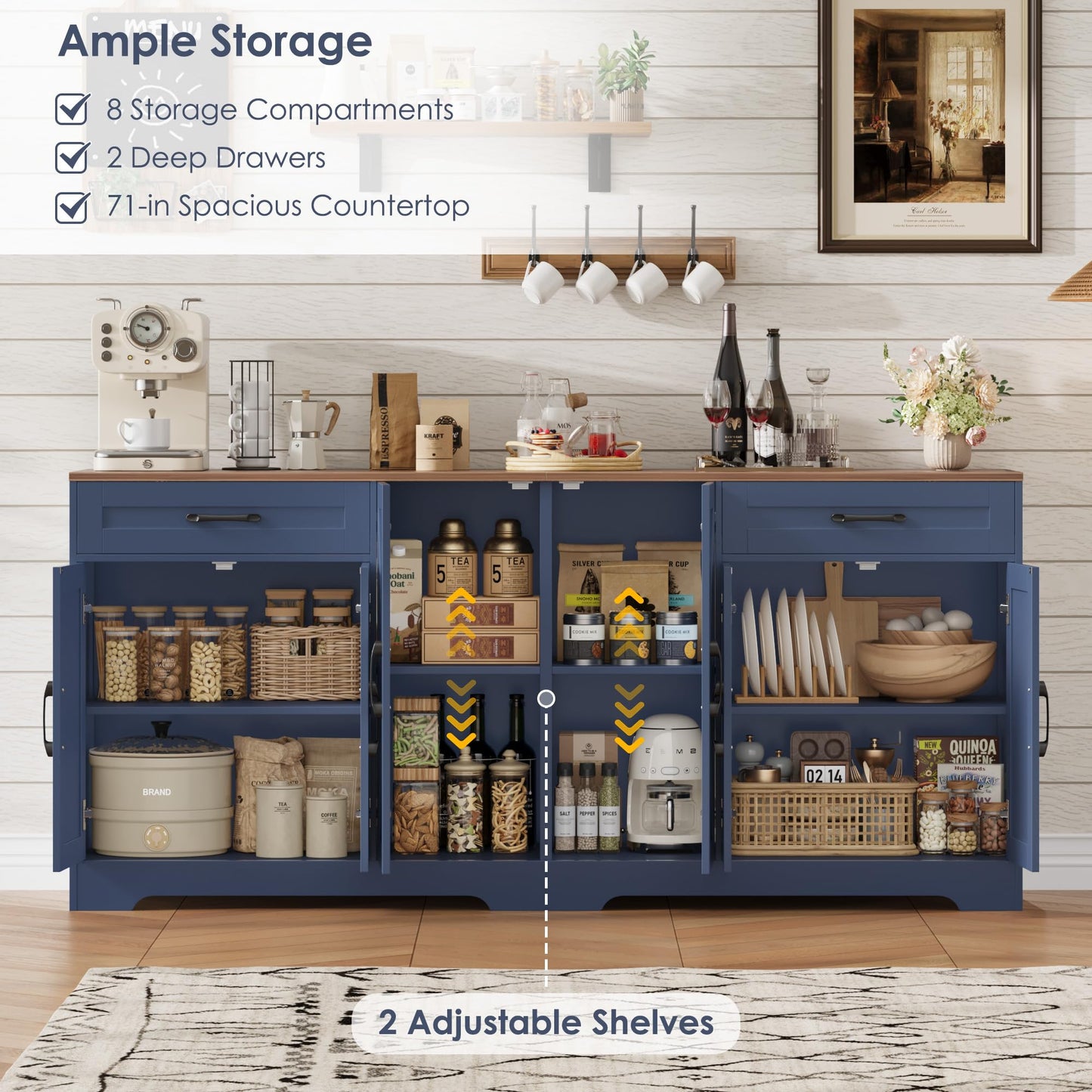 71” Large Sideboard Buffet Cabinet with Storage, Farmhouse Kitchen Buffet Cabinet with Adjustable Shelves and 6 Barn Doors, Wood Coffee Wine Bar Console Table for Kitchen, Dining Room, Navy Blue