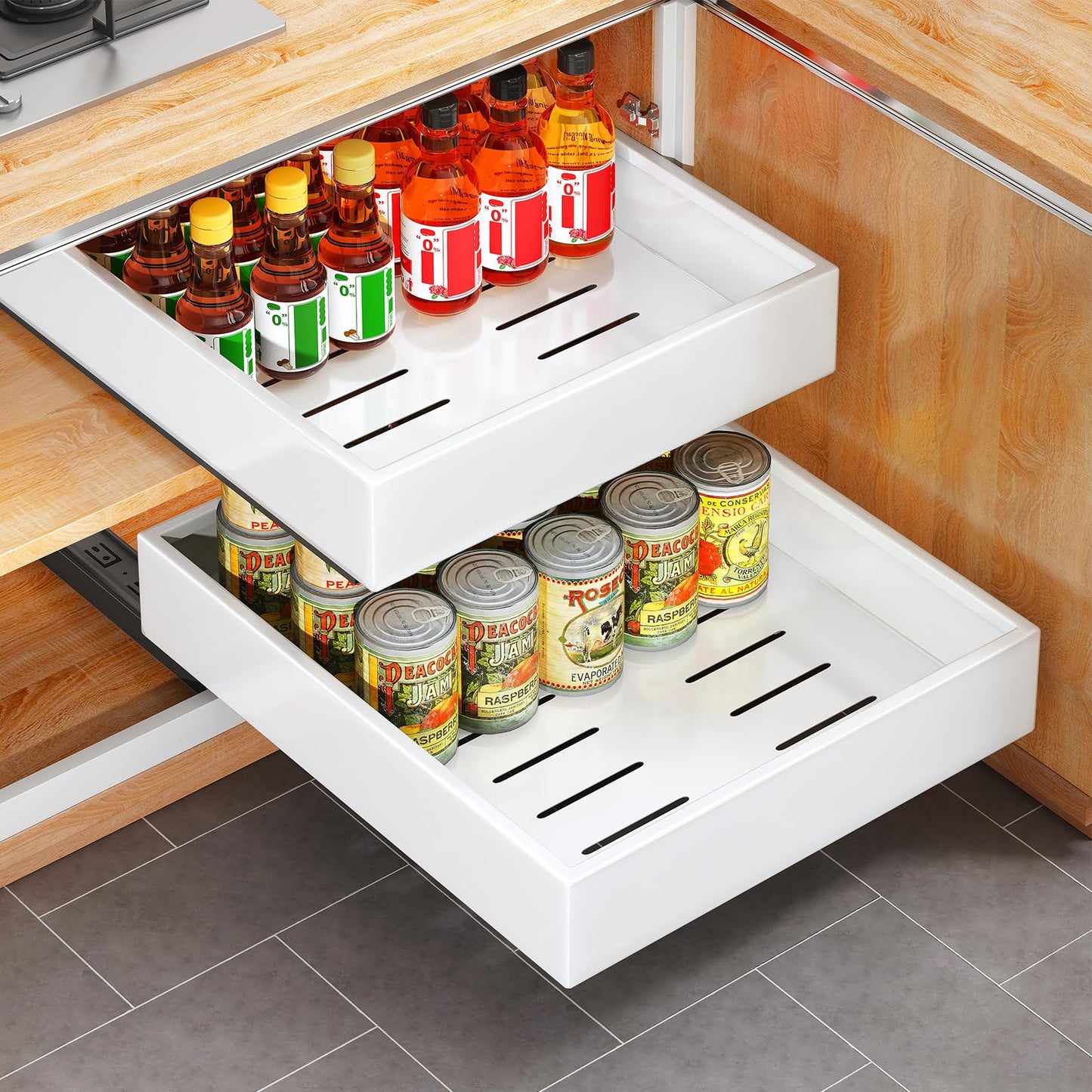 4 Pack Pull out Cabinet Organizer, 21"Deep, Heavy Duty Full-extension Slide out Drawers for Kitchen Cabinet, Roll out Shelf Storage with Nano Adhesive for Pots, Bathroom, Pantry, Home, White