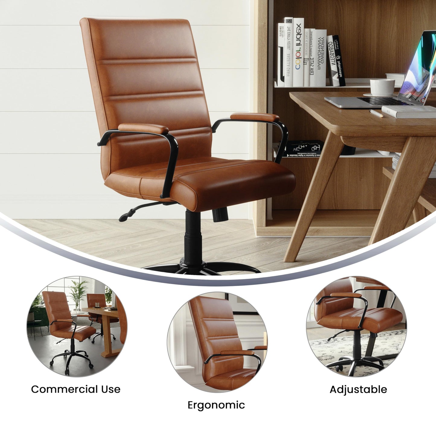 Flash Furniture Whitney Mid-Back Desk Chair - Brown LeatherSoft Executive Swivel Office Chair with Black Frame - Swivel Arm Chair