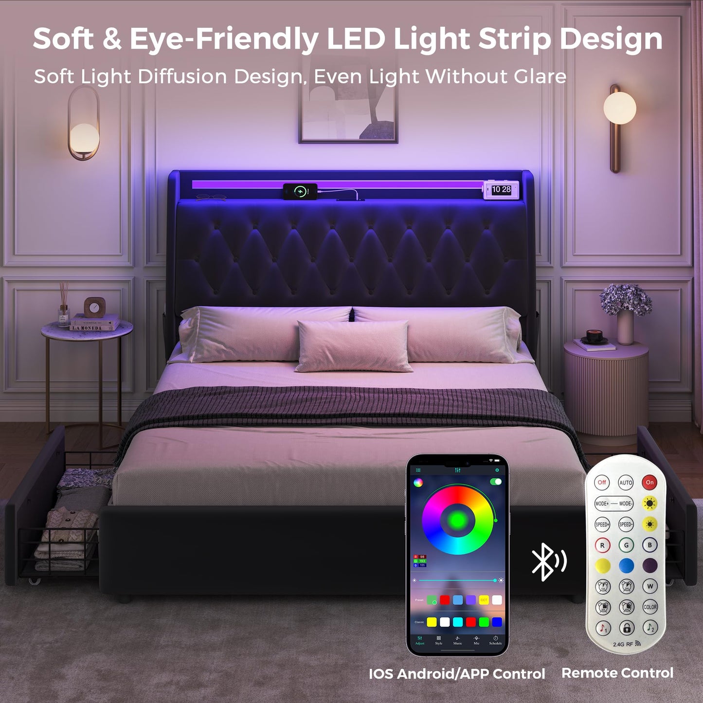 Full LED Velvet Bed Frame with 2 Storage Drawers&Hidden Headboard, Upholstered Platform Bed with Charging Station&Button Tufted Design, Wooden Slats Support, Box Spring Optional, Easy Assembly, Black