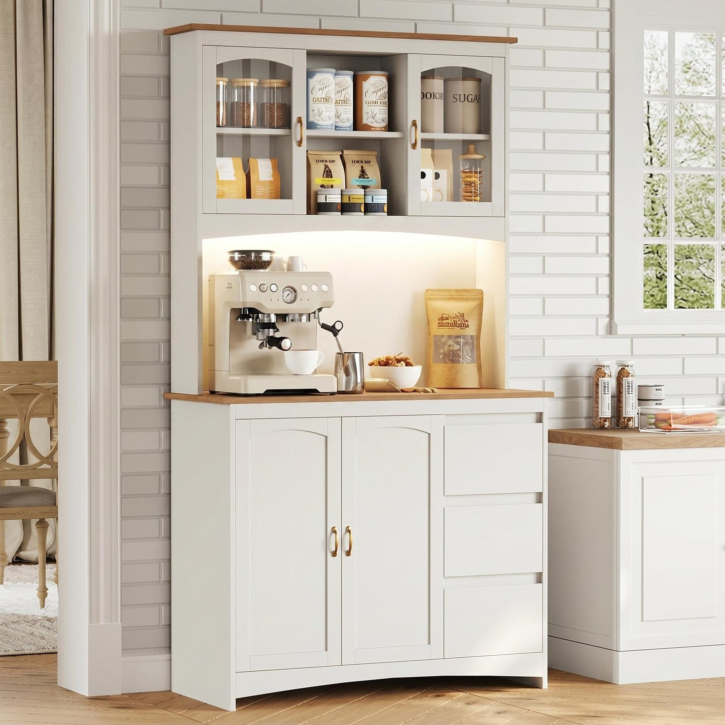 Garvee 71" Kitchen Pantry Cabinet with LED Lights & Charging Station, Farmhouse Kitchen Hutch Storage Cabinet with Countertop, 3 Drawers, 4 Doors, Adjustable Shelves for Dining Room, White