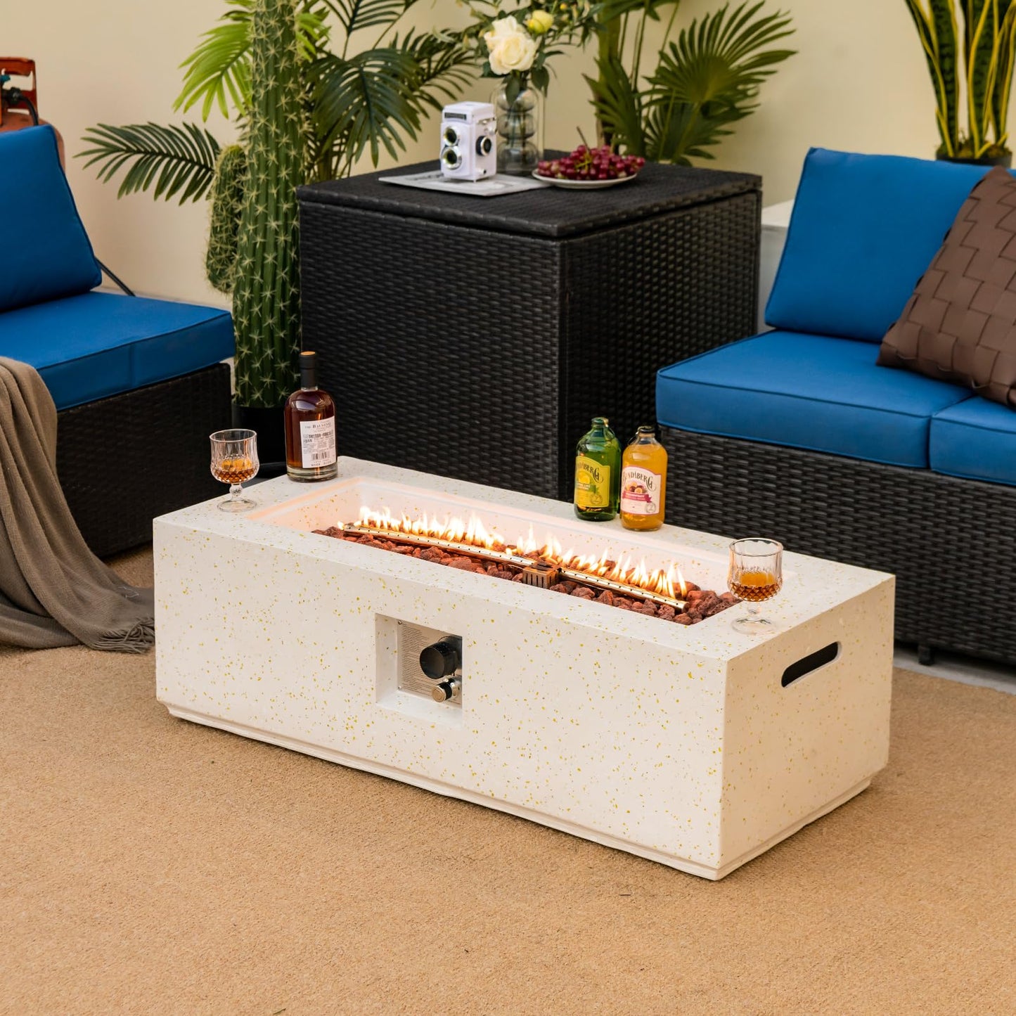 COSTWAY 42" Rectangle Fire Pit Table, Terrazzo Propane Gas Fire Table, Simple Ignition System & Stainless Steel Burner, Protective PVC Cover Included, Outdoor Fire Pit for Backyard, Garden