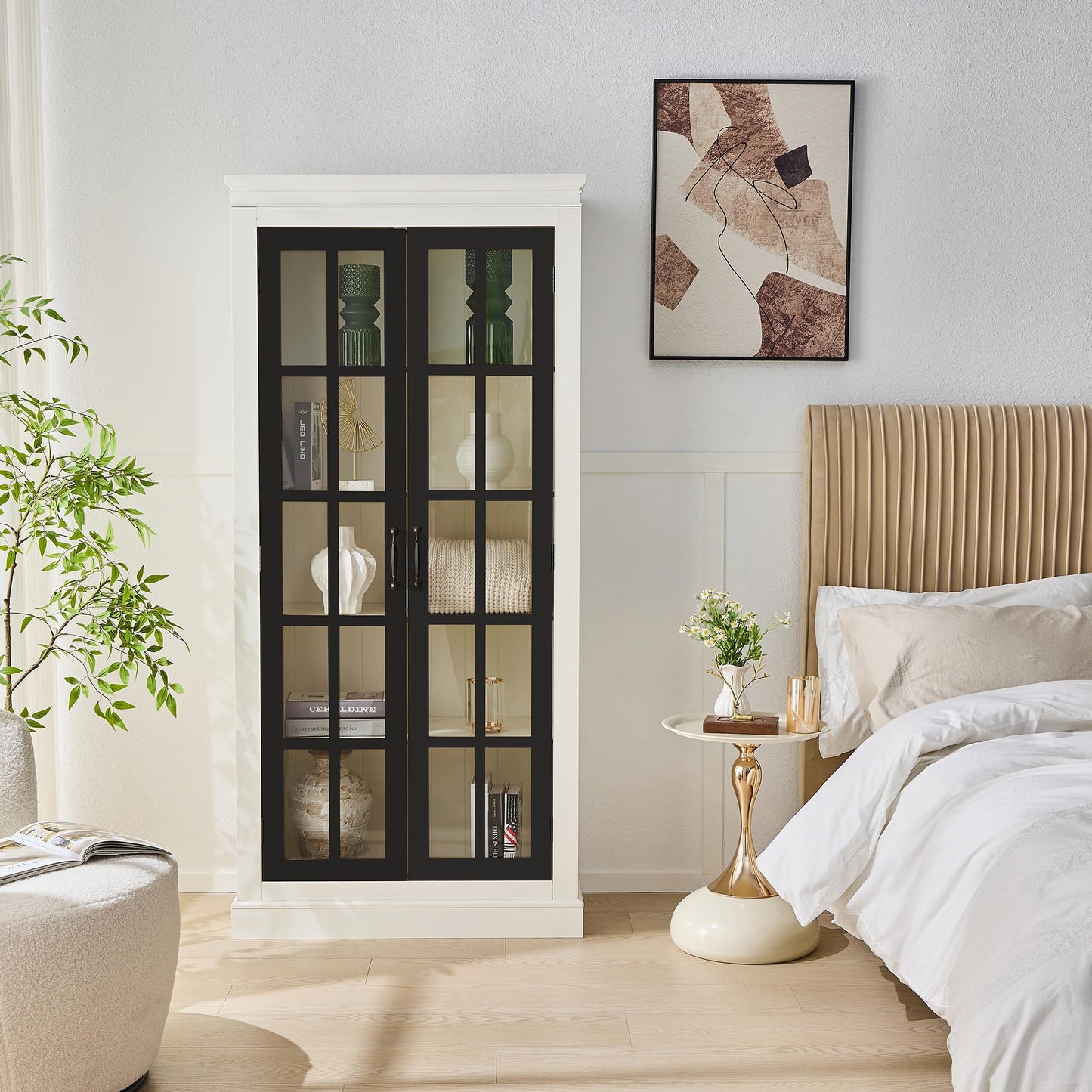 Ball & Cast 71.2" Tall Display Cabinet W/Glass Doors,Curio Cabinet W/Adjustable Shelves&Fixed Shelves for Collectibles,Trophies,Farmhouse Style Cabinets for Hallways,Living Room,Bedroom,White&Black