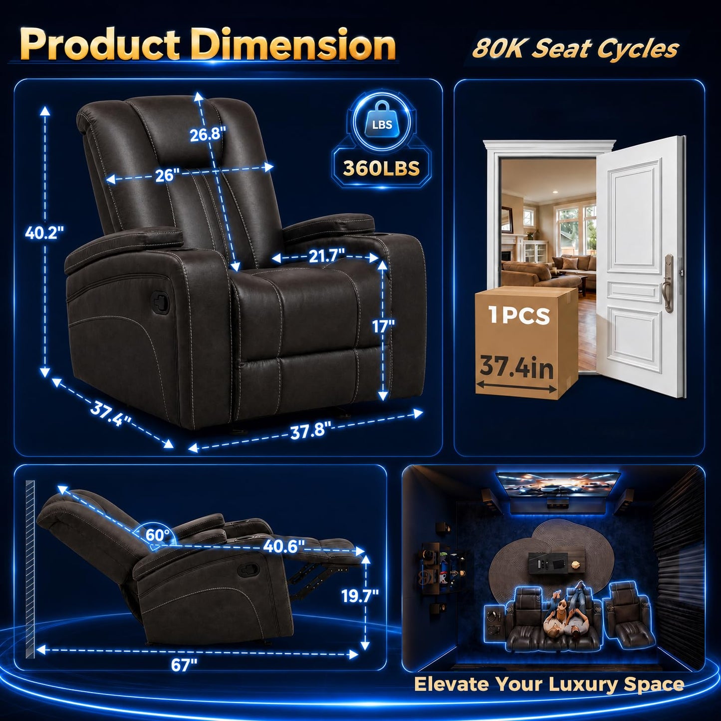 Oversized Recliner Chair, 3X Manual Recliner Single Home Theater Seating Sofa, RV Recliner Chair with Hidden Armrest Storage, Reclining Chair with 2 Cup Holders for Living Room (Brown, Microfiber)