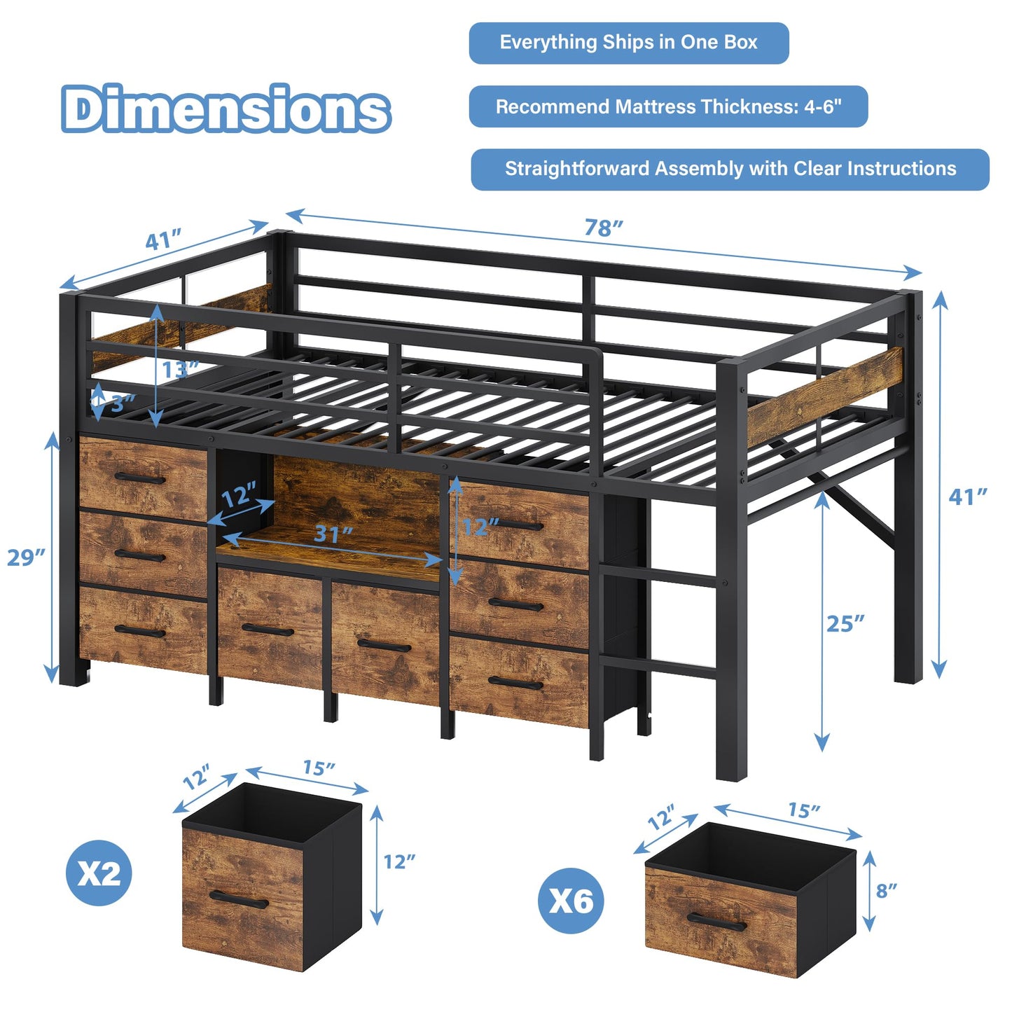 iPormis Low Loft Bed Twin Size with Bookcase, 8 Storage Drawers, Metal Kids Loft Bed with 13 Inch H Safety Guardrail, Play Curtain, Under-Bed Play Space - Rustic Brown