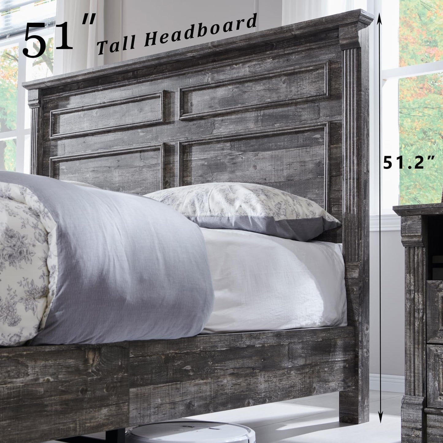 Aitjunz Farmhouse Queen Size Bed Frame with 51" Tall Headboard, Wood Platform Bed Frame with 20" Tall Roman Column Decoration Footboard & 2 Large Storage Drawers, No Box Spring Needed (Light Grey)