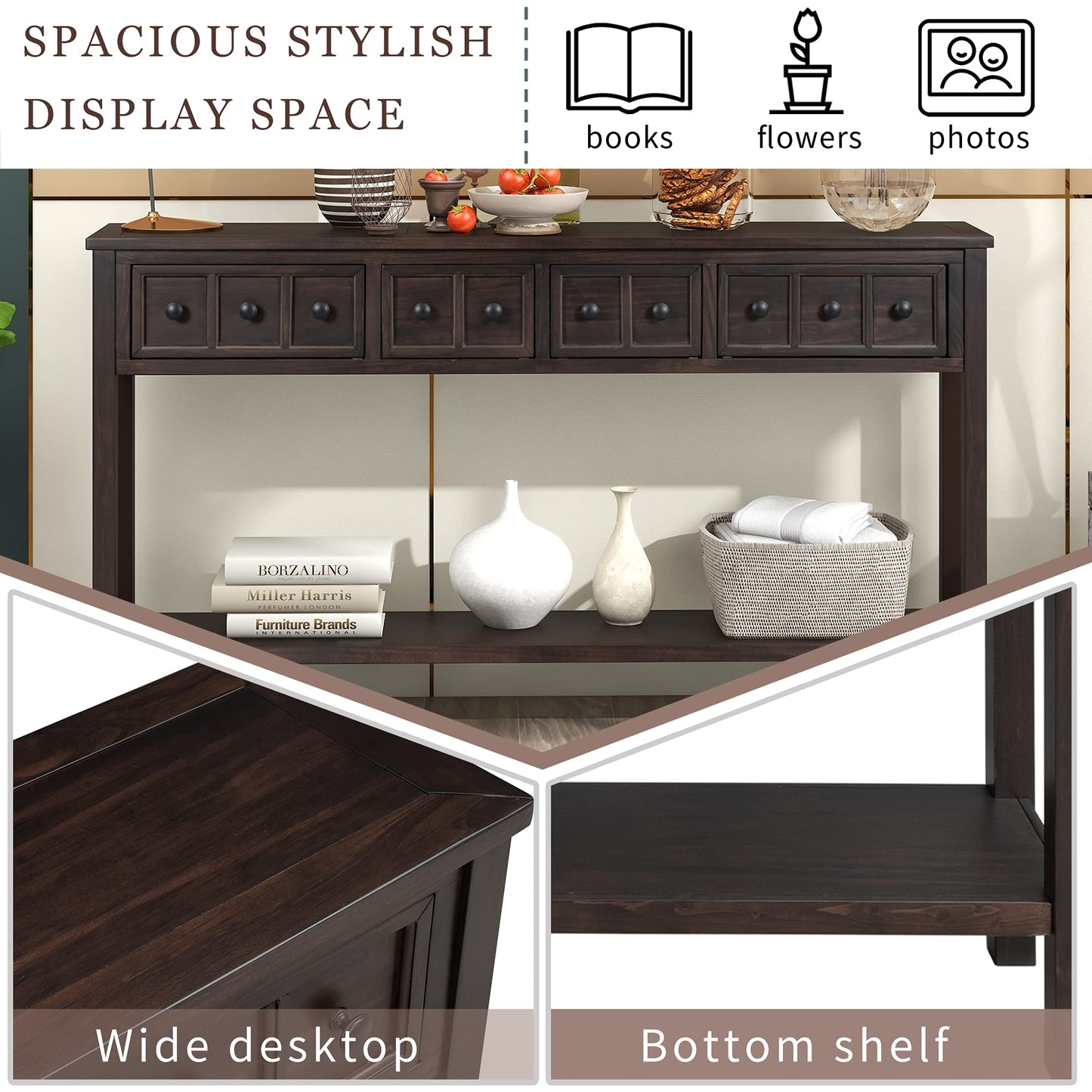 Merax Wood Narrow Console Table with Drawers and Bottom Shelf for Entryway Hallway Front Door Espresso
